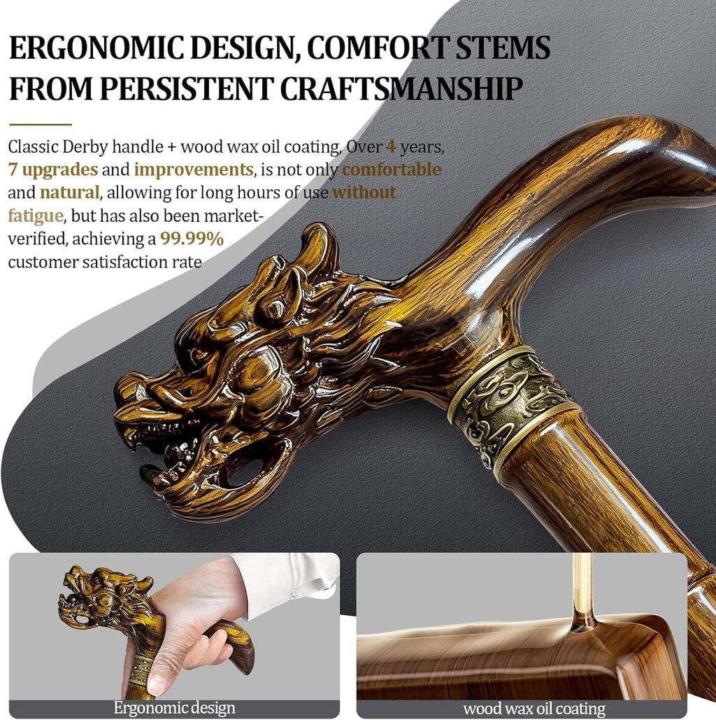 Wooden walking cane with detailed dragon head handle and decorative gold-tone band