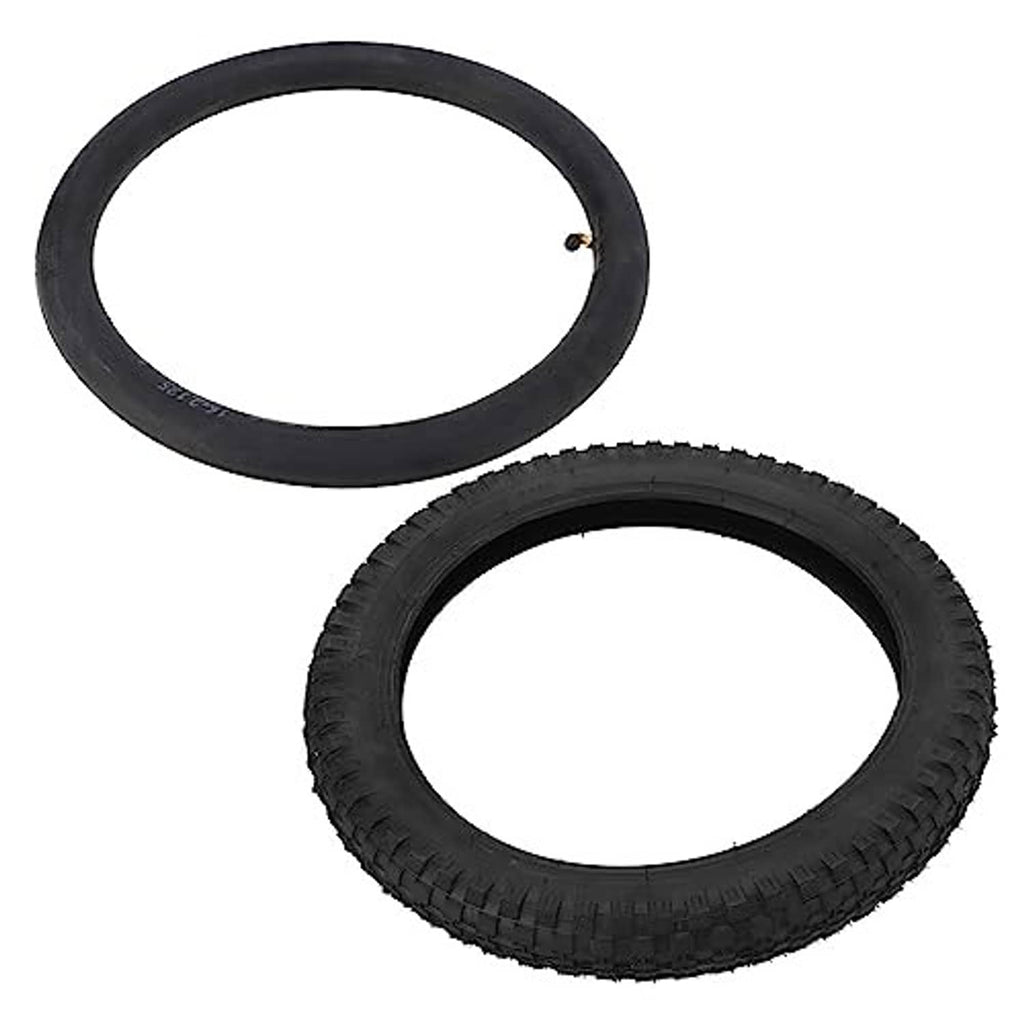 Kids bike inner tube and black 16x2.4 tire set, two rubber pieces shown