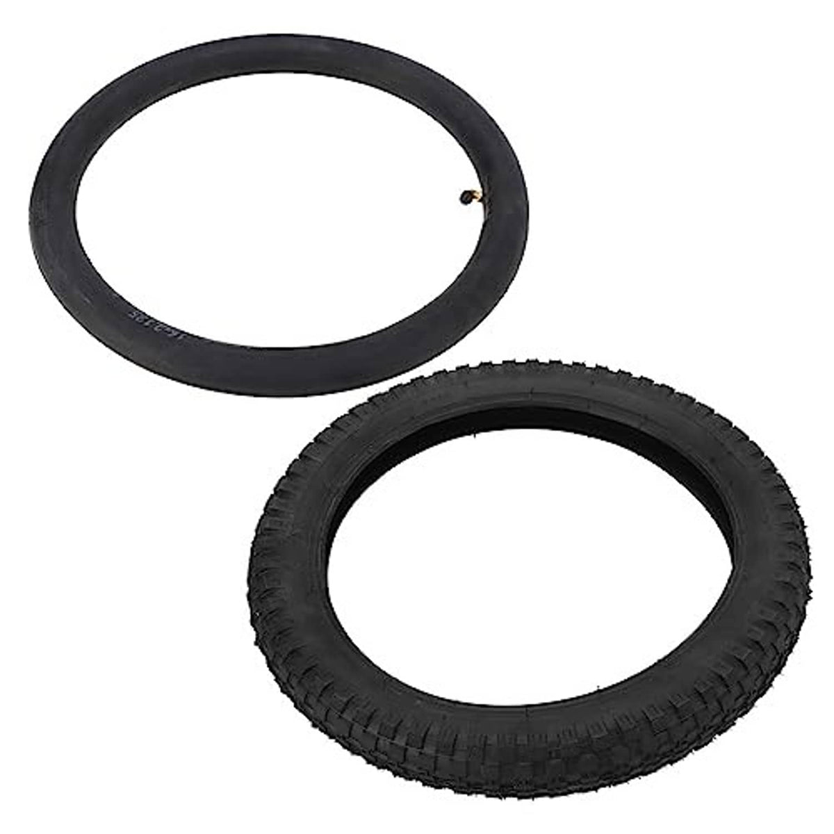 Kids bike inner tube and black 16x2.4 tire set, two rubber pieces shown