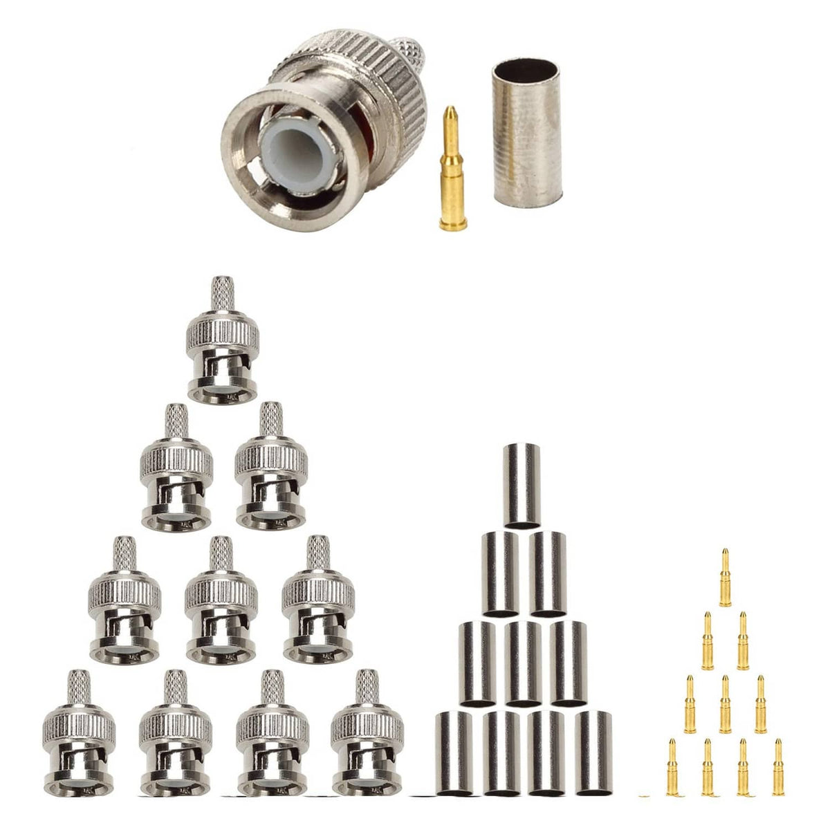 BNC crimp connectors with metal cable ferrules and contact pins, chrome parts set