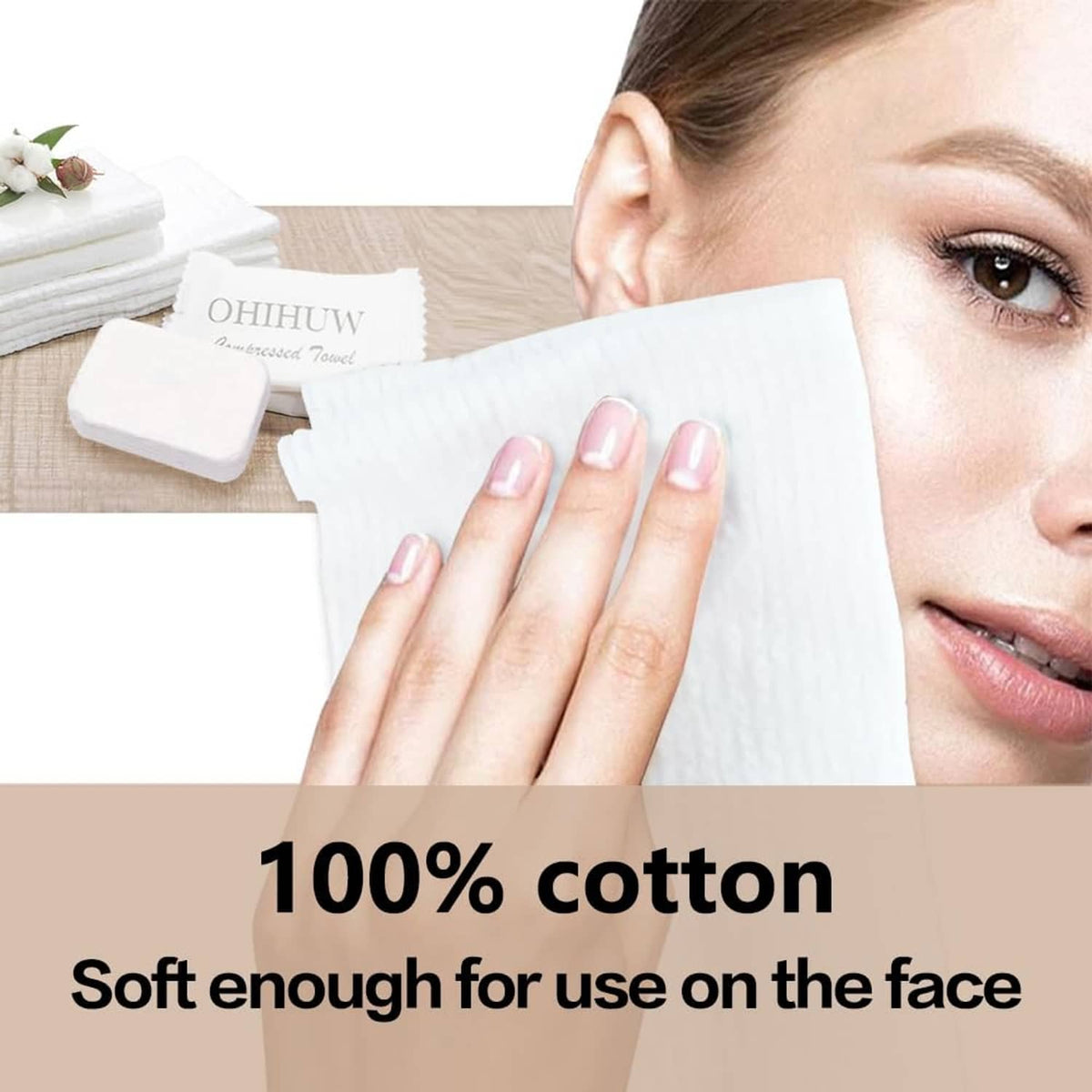 White disposable compressed towel sheet held to face, soft textured surface
