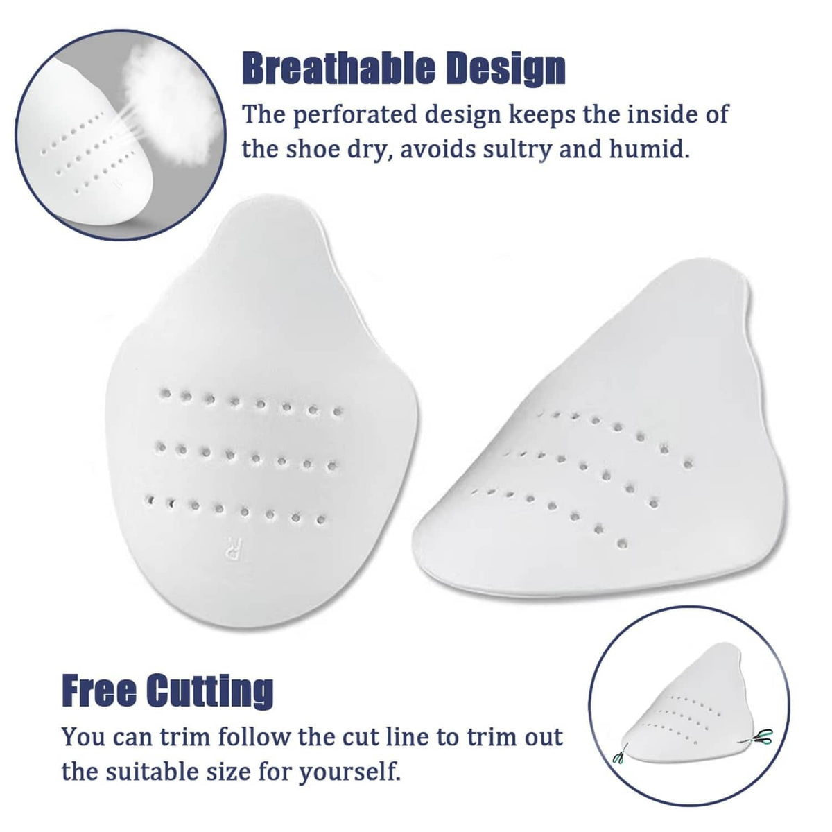 Set of two large white perforated toe protector pads, breathable design