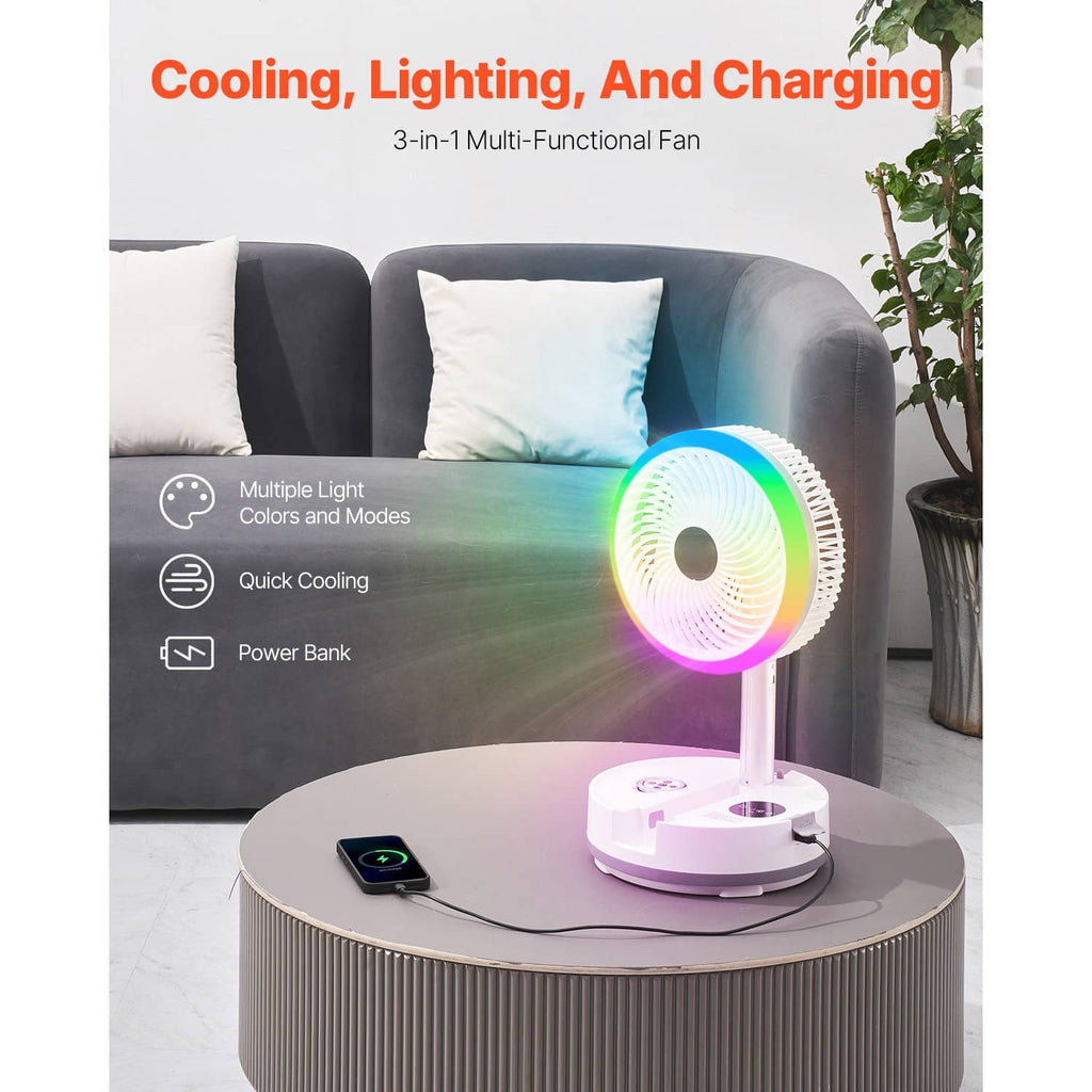 Rechargeable fan with rotating grille and colorful LED ring on tabletop
