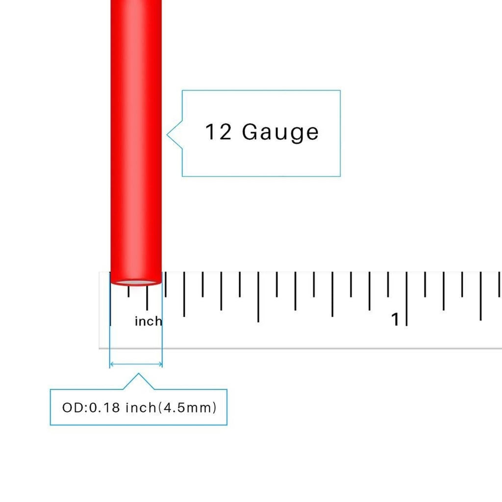 Red 12 gauge silicone wire diameter measurement with inch and mm scale