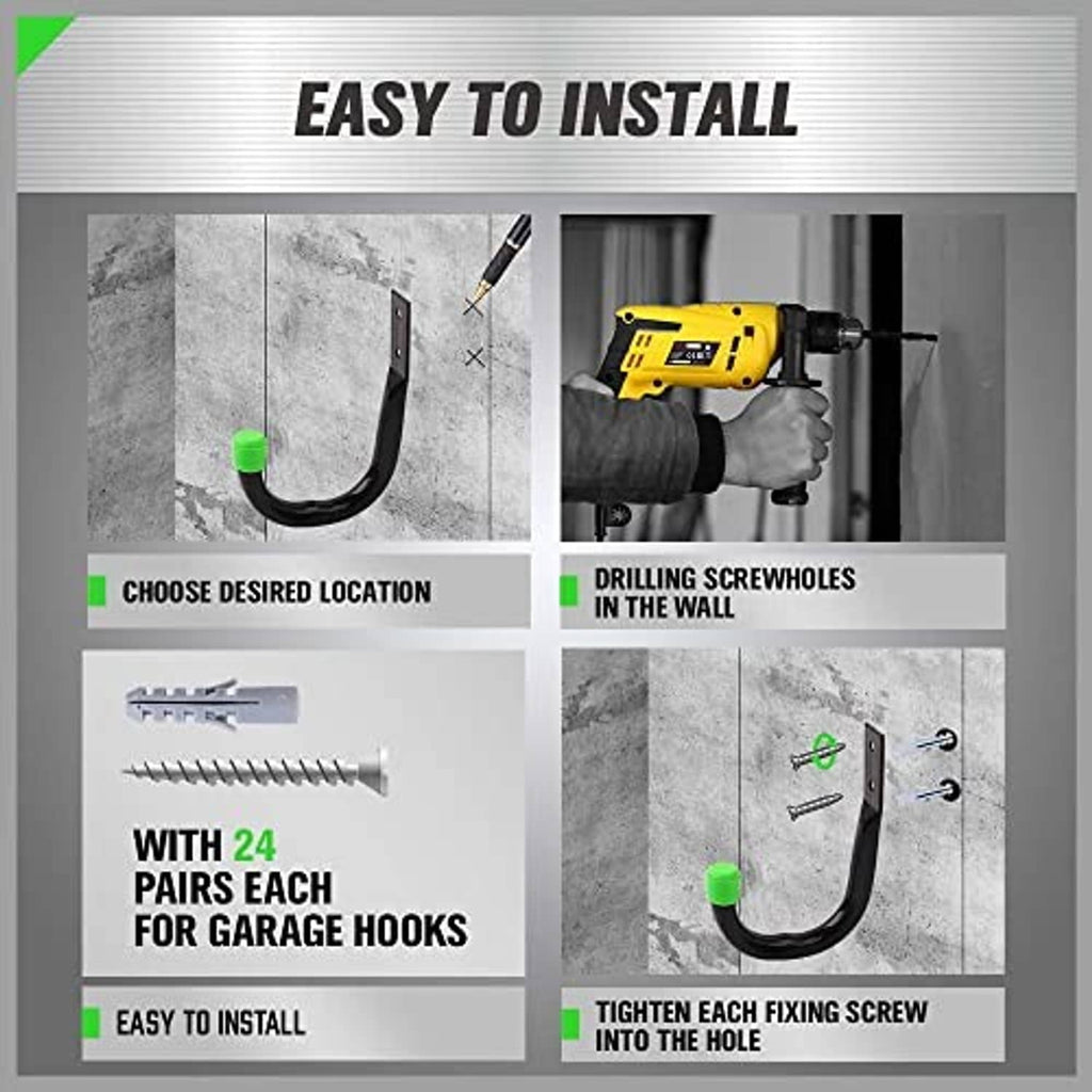 Black utility hooks with green tips, installation steps using screws on a wall
