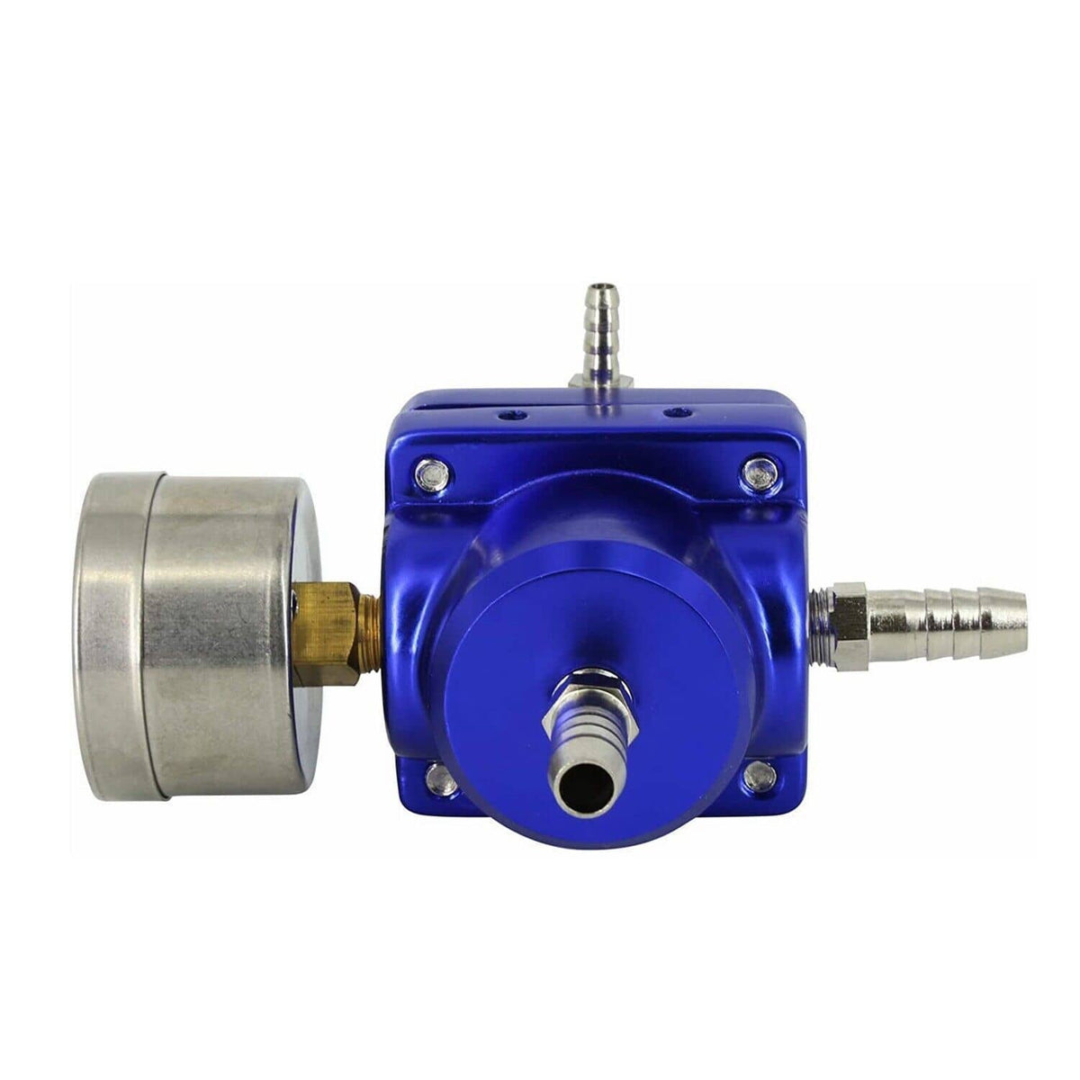 Blue adjustable fuel pressure regulator valve body with threaded inlet and outlet ports