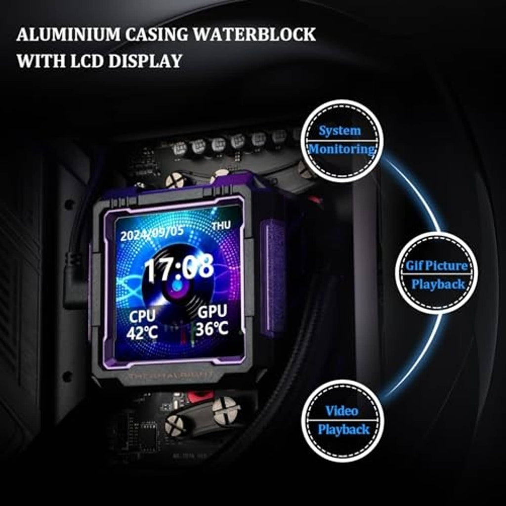 Aluminum waterblock with integrated LCD screen and ARGB cooler pump module