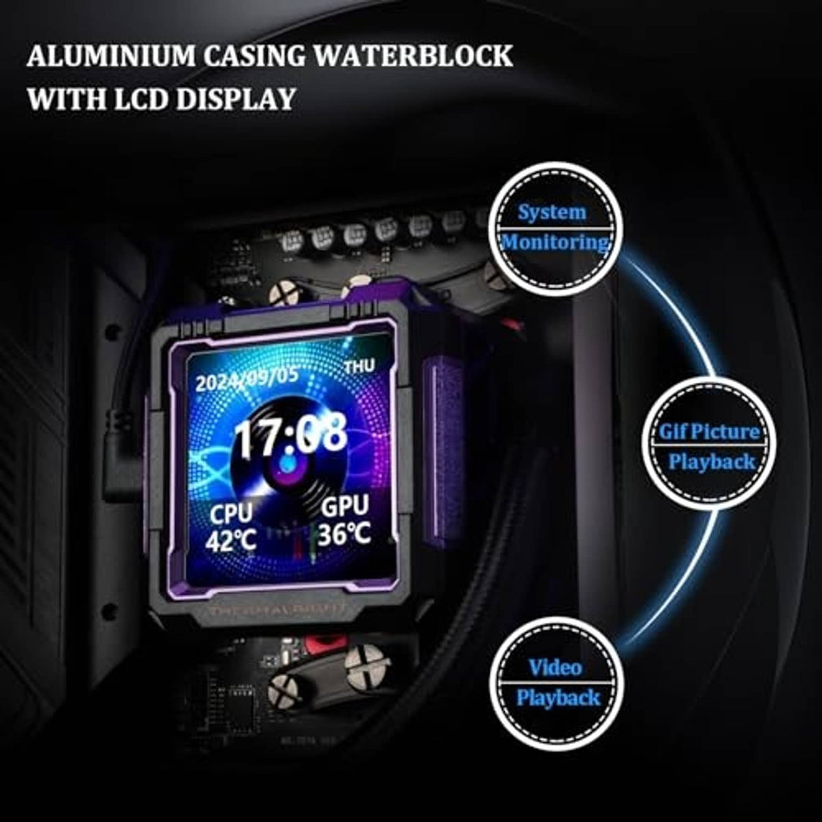 Aluminum waterblock with integrated LCD screen and ARGB cooler pump module