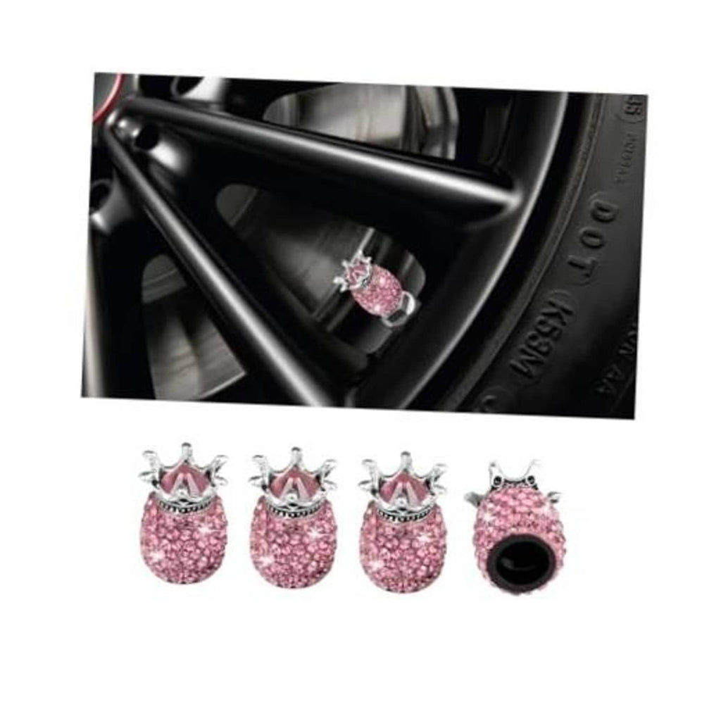 Set of 4 pink rhinestone crown car valve stem caps with silver crown tops