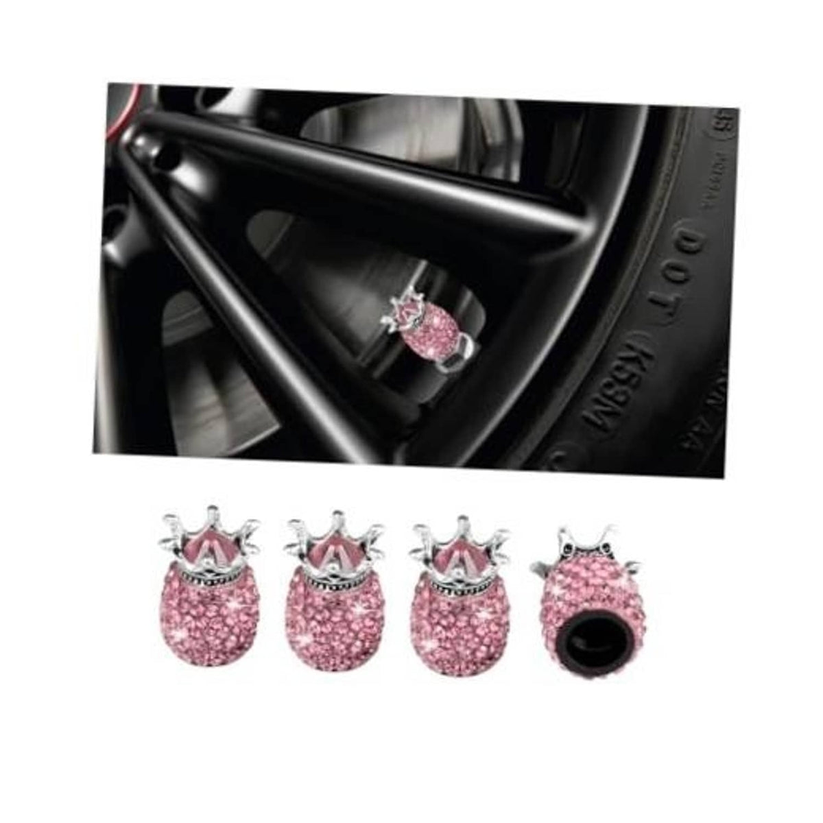 Set of 4 pink rhinestone crown car valve stem caps with silver crown tops