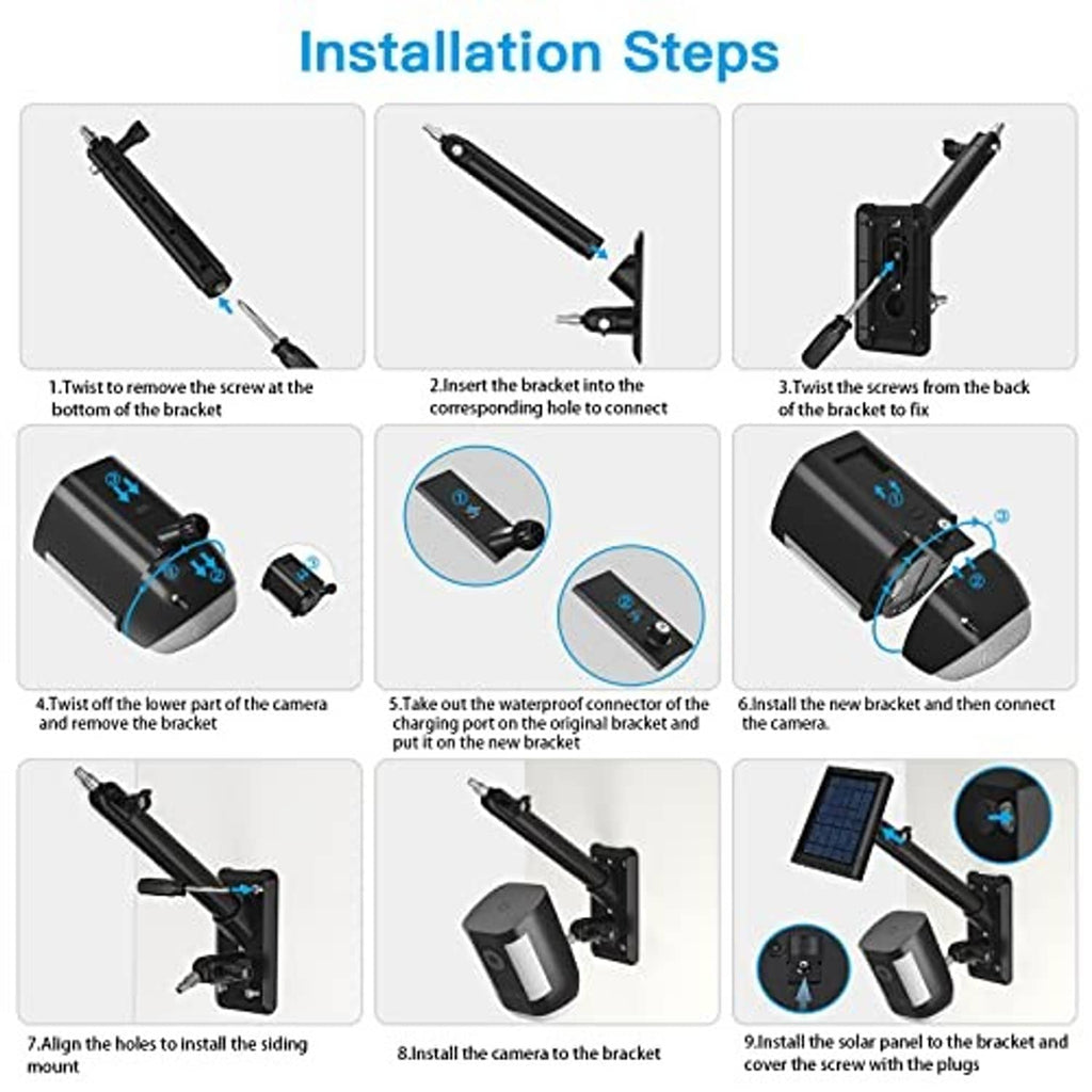 Installation steps diagram for black bracket: tighten, connect, and mount camera and solar