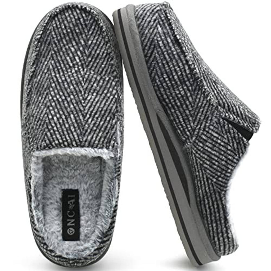 Mens grey herringbone clog slippers with faux-fur lining and thick cushioned sole