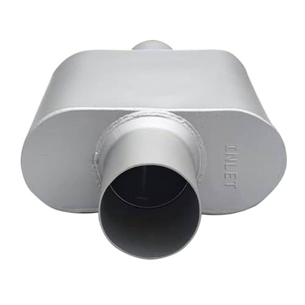 Silver muffler with large round outlet opening and inlet tube