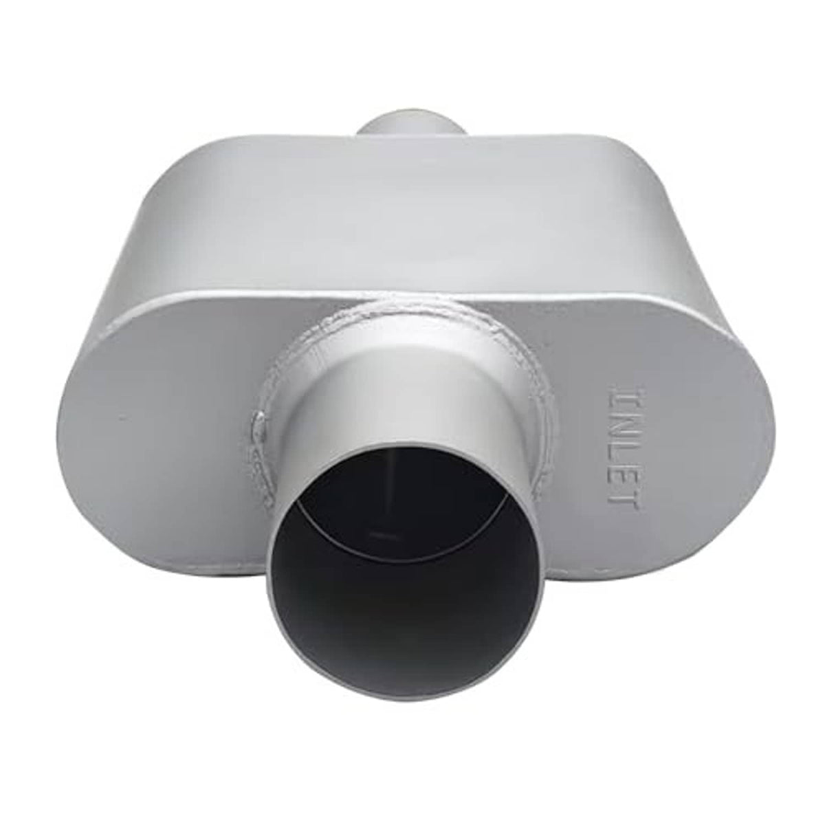 Silver muffler with large round outlet opening and inlet tube