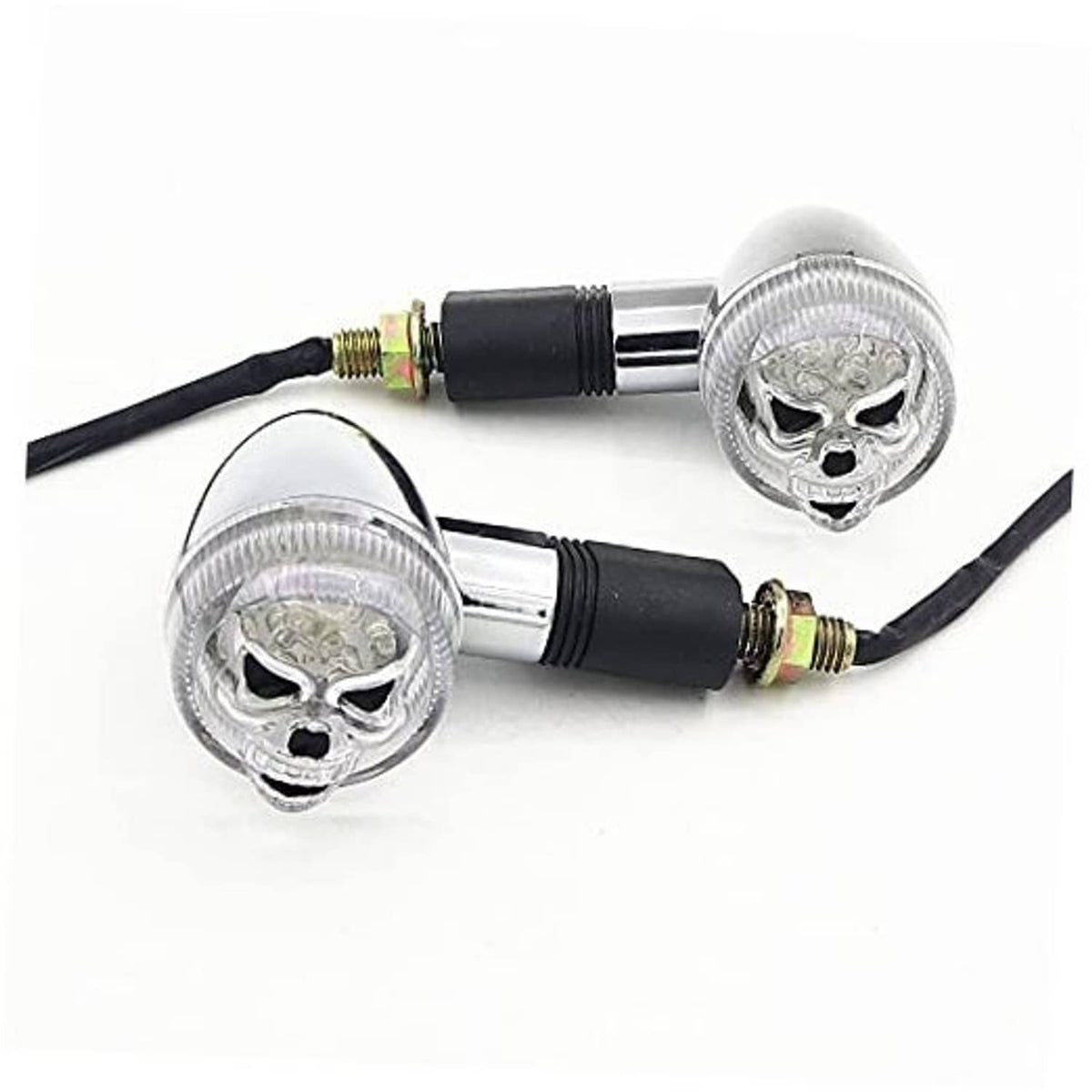 Pair of chrome skull turn signal lights with clear round lenses and black wire stems