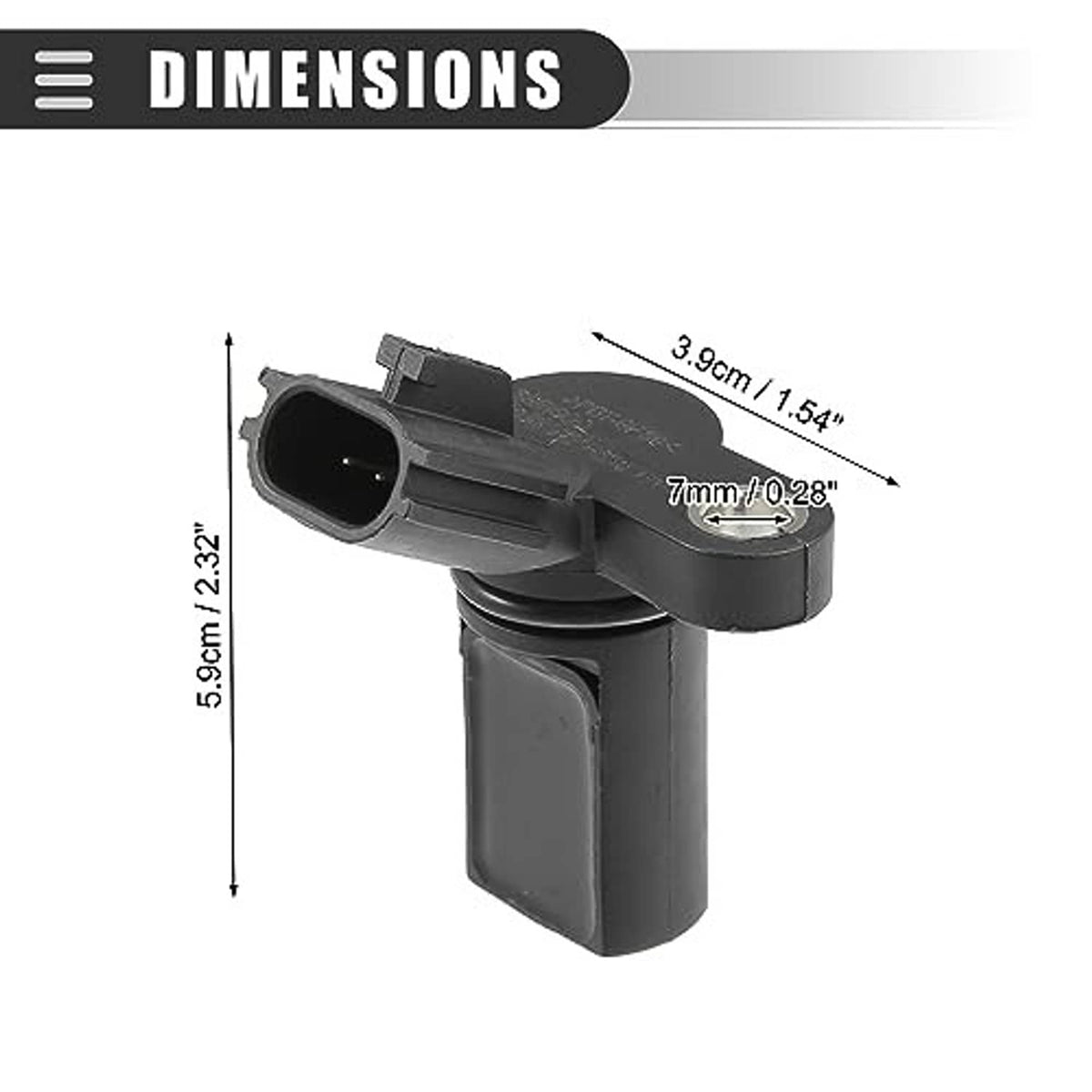 Camshaft position sensor with black housing and metal mounting eye, side view