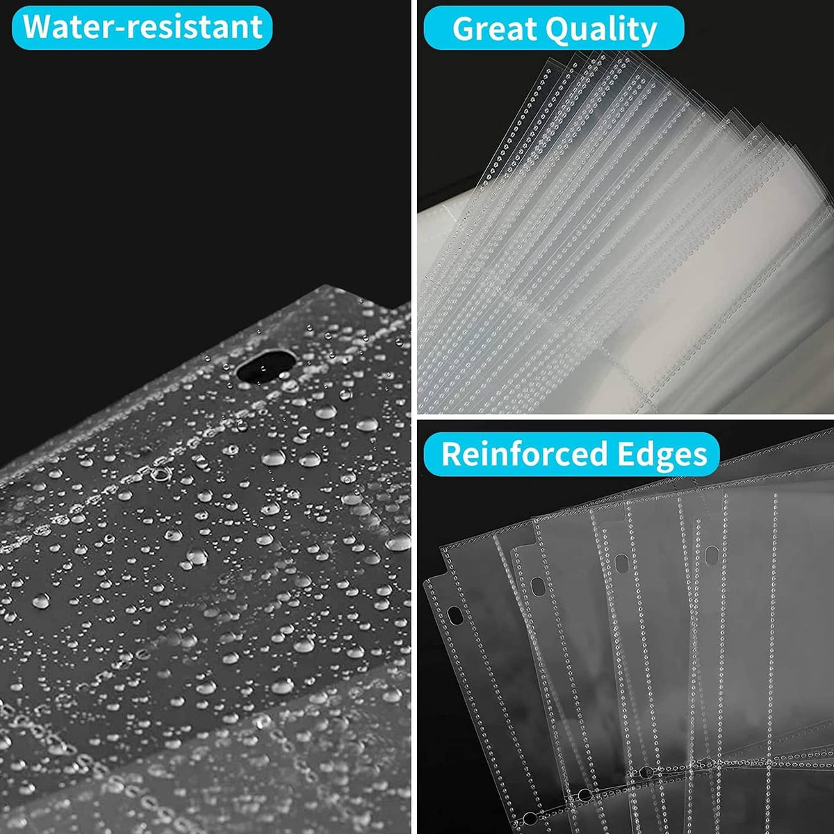Water-resistant clear photo sleeves with reinforced edges for 3-ring binder
