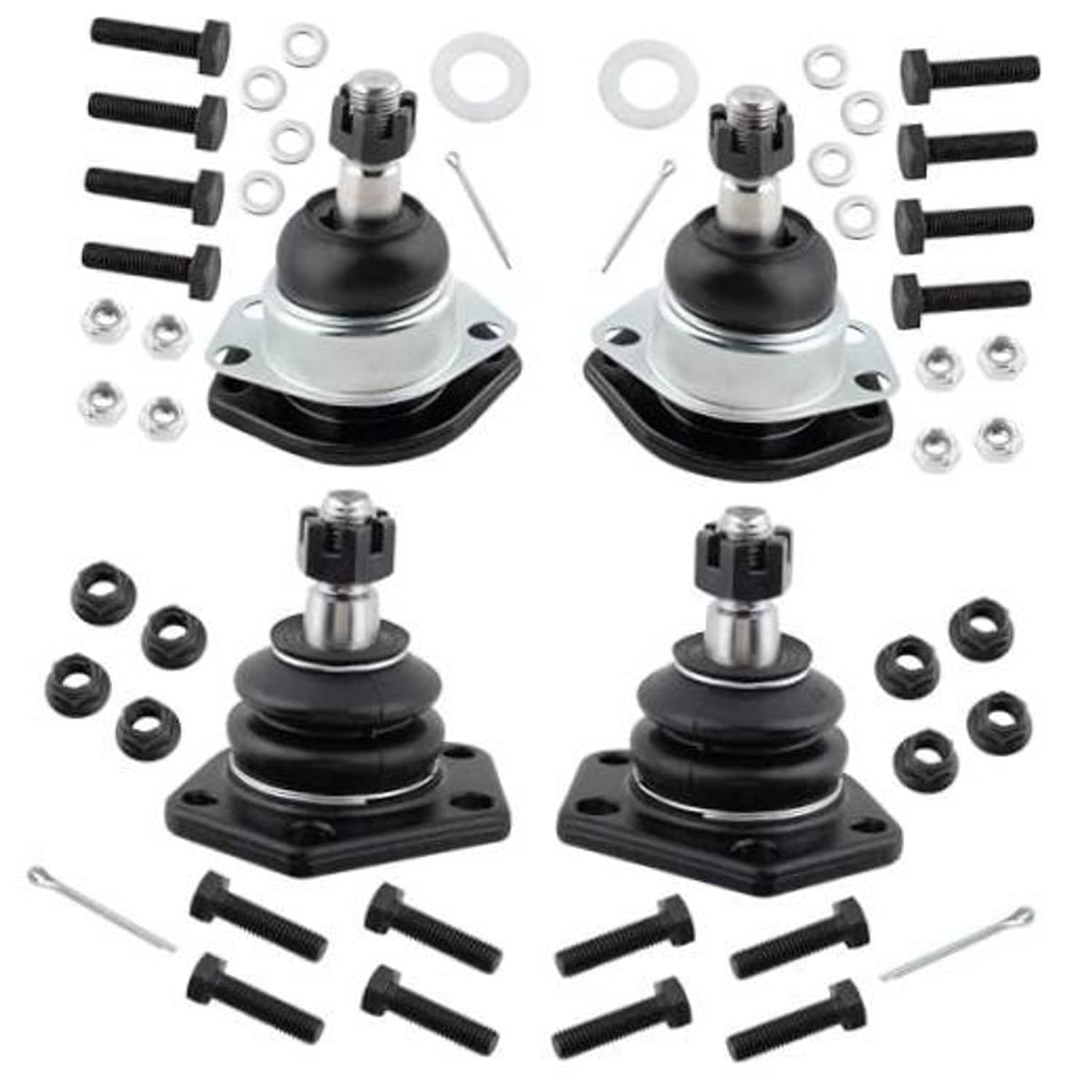 Ball joint set with black rubber boots, silver plates, and mounting hardware