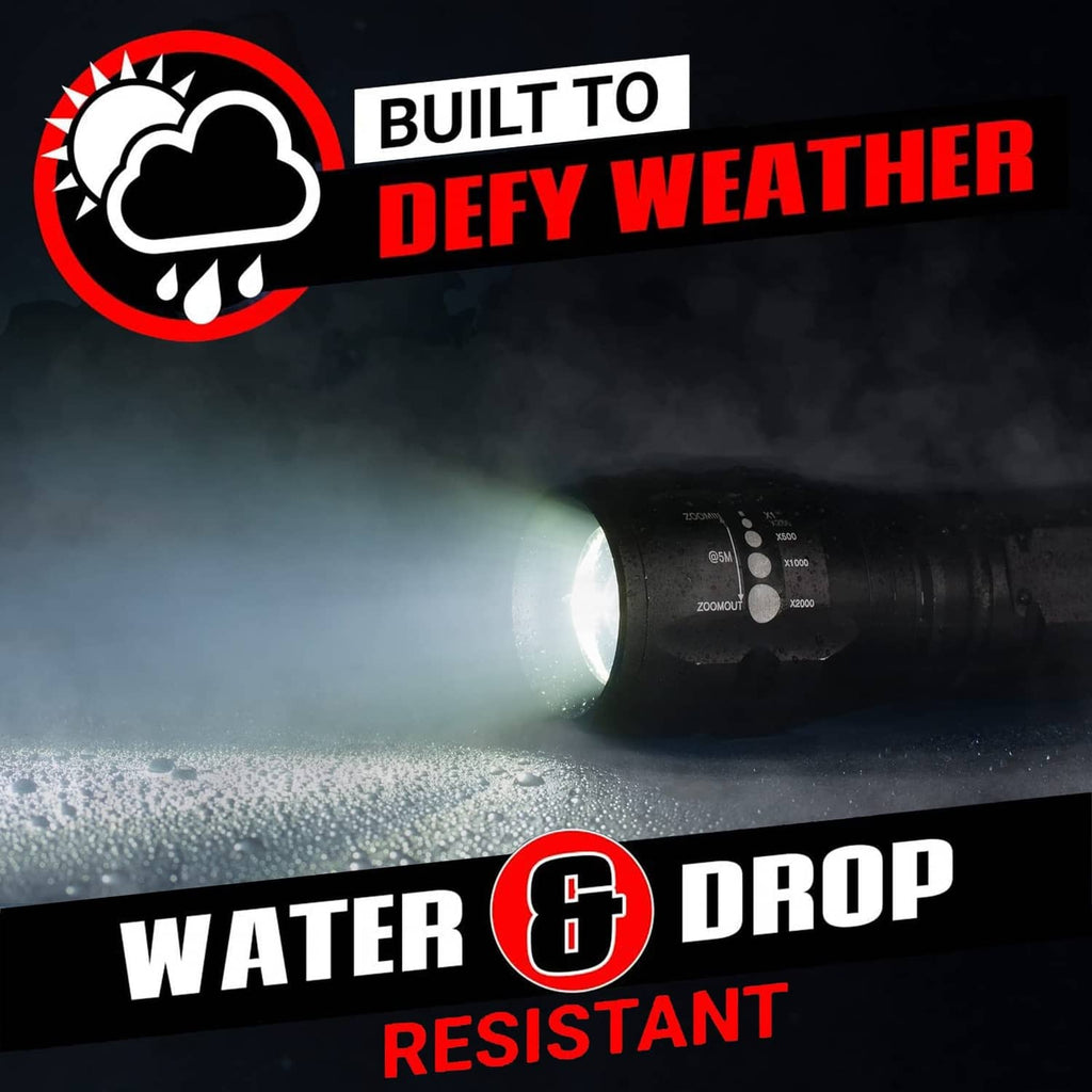 GearLight LED flashlight shining a bright beam from the front, black body