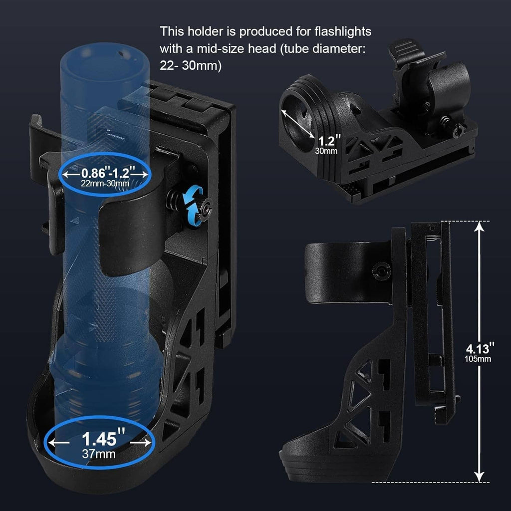 Black adjustable flashlight belt holder/clip for 22–30 mm head diameter