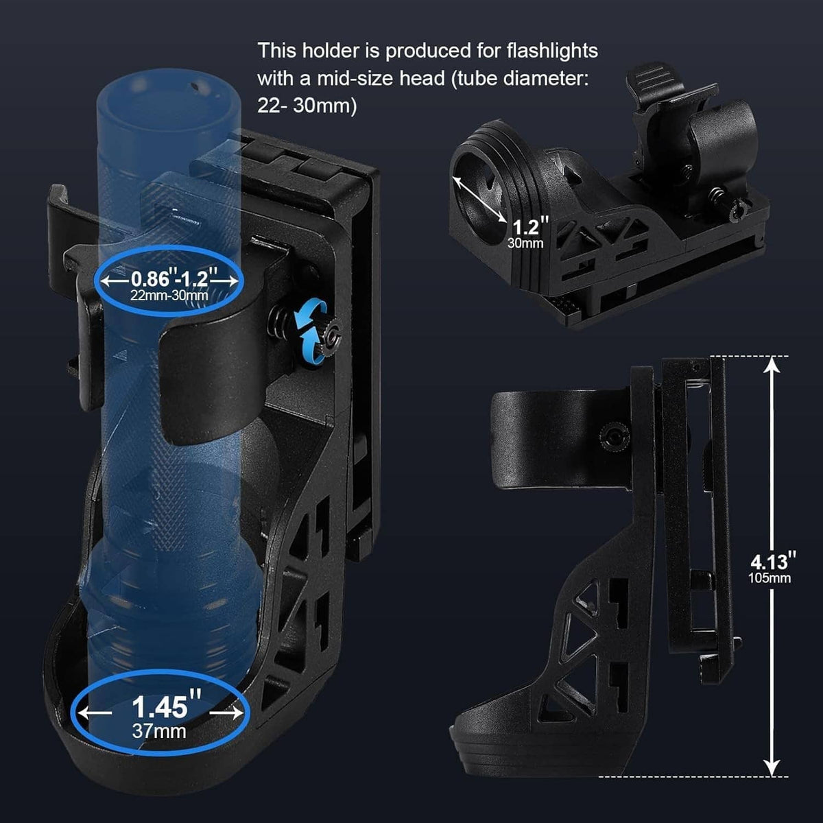Black adjustable flashlight belt holder/clip for 22–30 mm head diameter