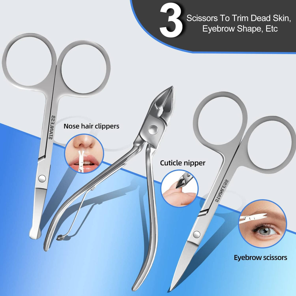 Nail care scissors and cuticle nippers with finger loops in a tool set