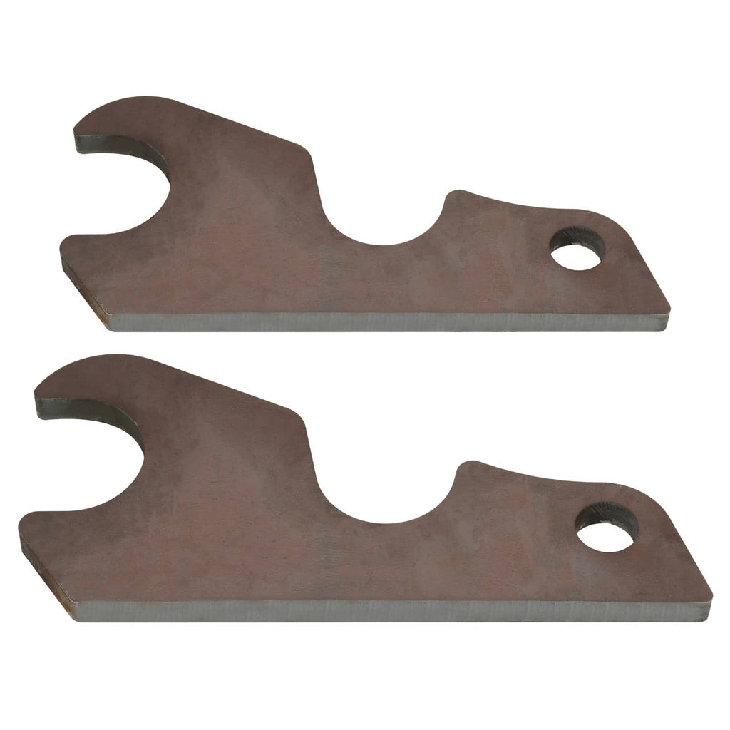 Two dark steel bucket ears laid flat, each with large central cutout and round mounting hole