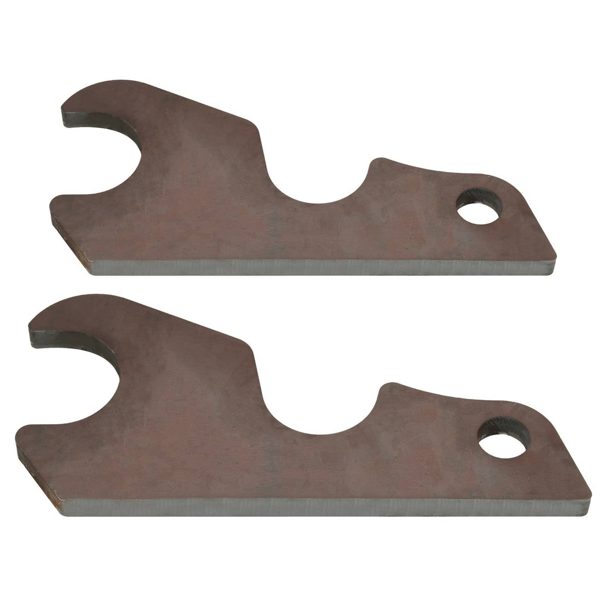 Two dark steel bucket ears laid flat, each with large central cutout and round mounting hole