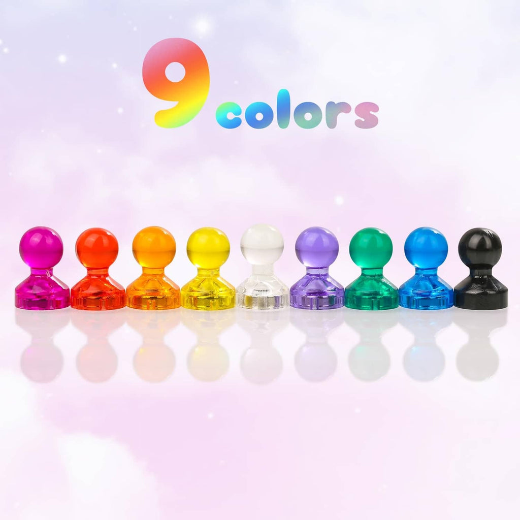Row of magnetic push pin magnets in mixed colors, glossy domed heads from purple to black