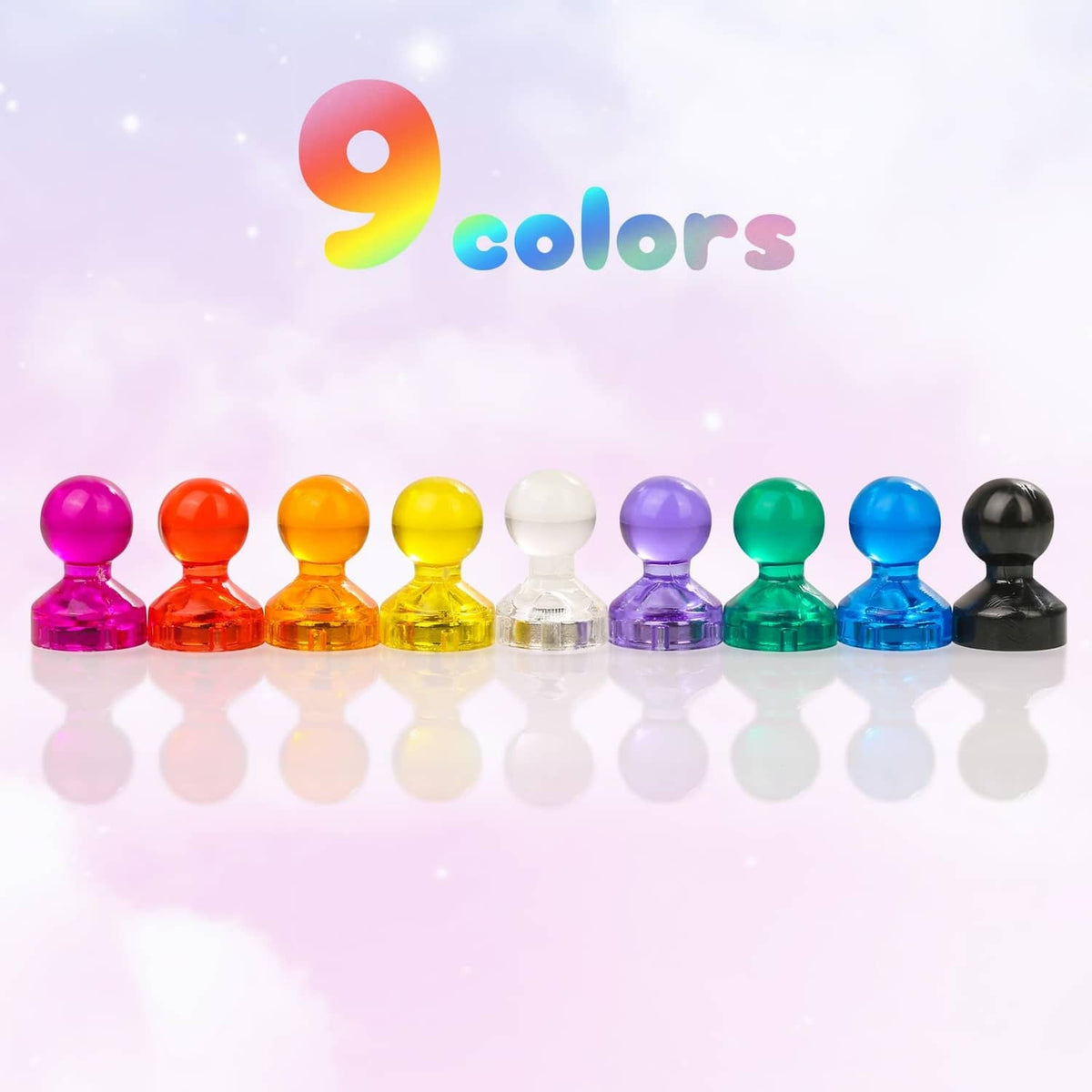Row of magnetic push pin magnets in mixed colors, glossy domed heads from purple to black