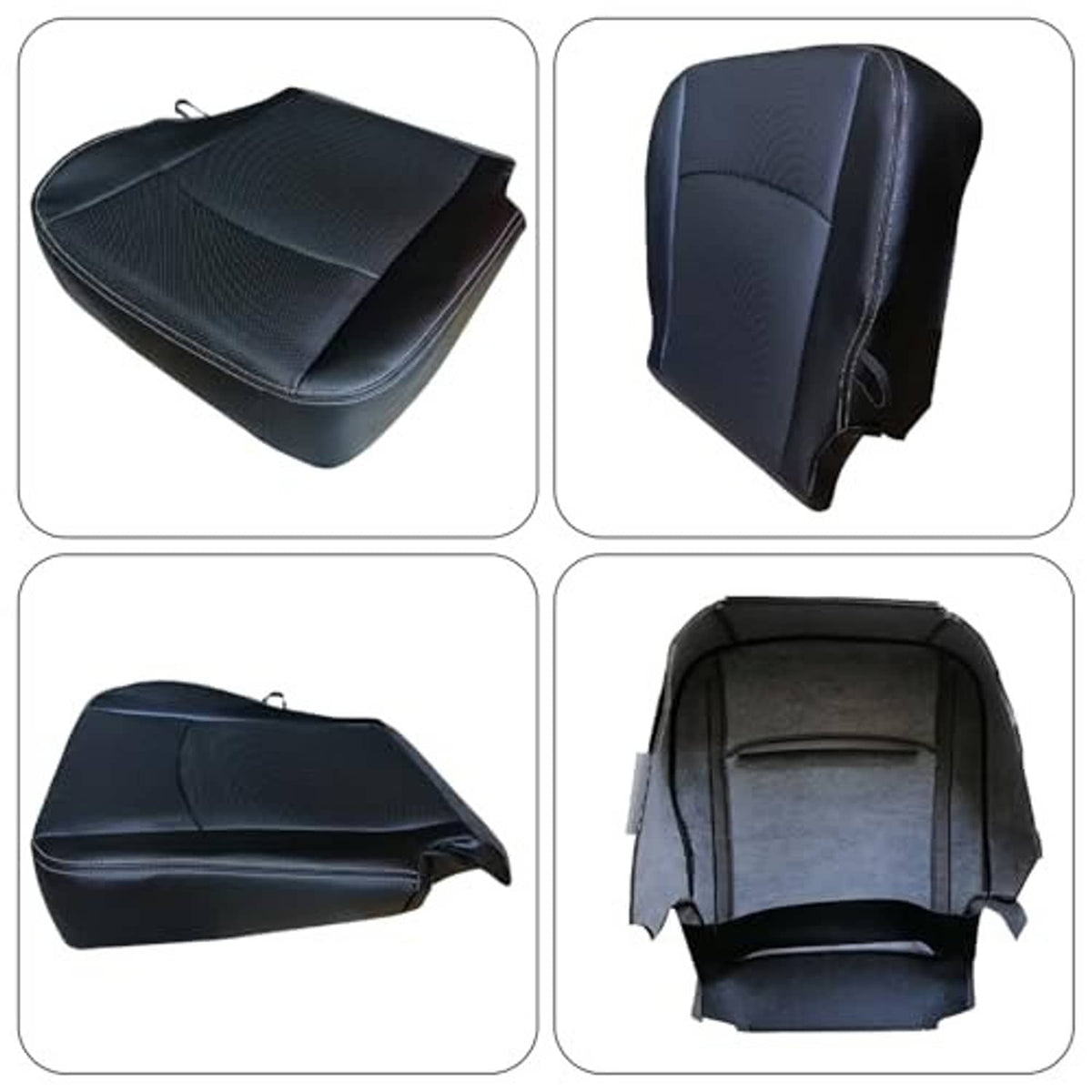 Black artificial leather seat bottom cover shown from multiple angles, with textured top and straps