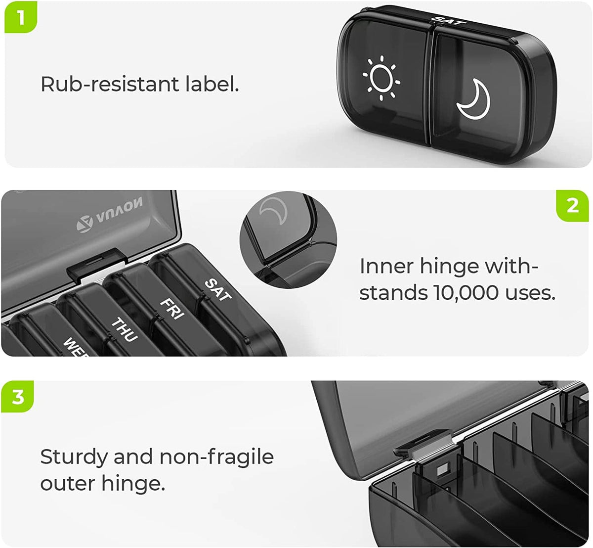 Black weekly pill organizer showing protective latch and inner/outer hinge design