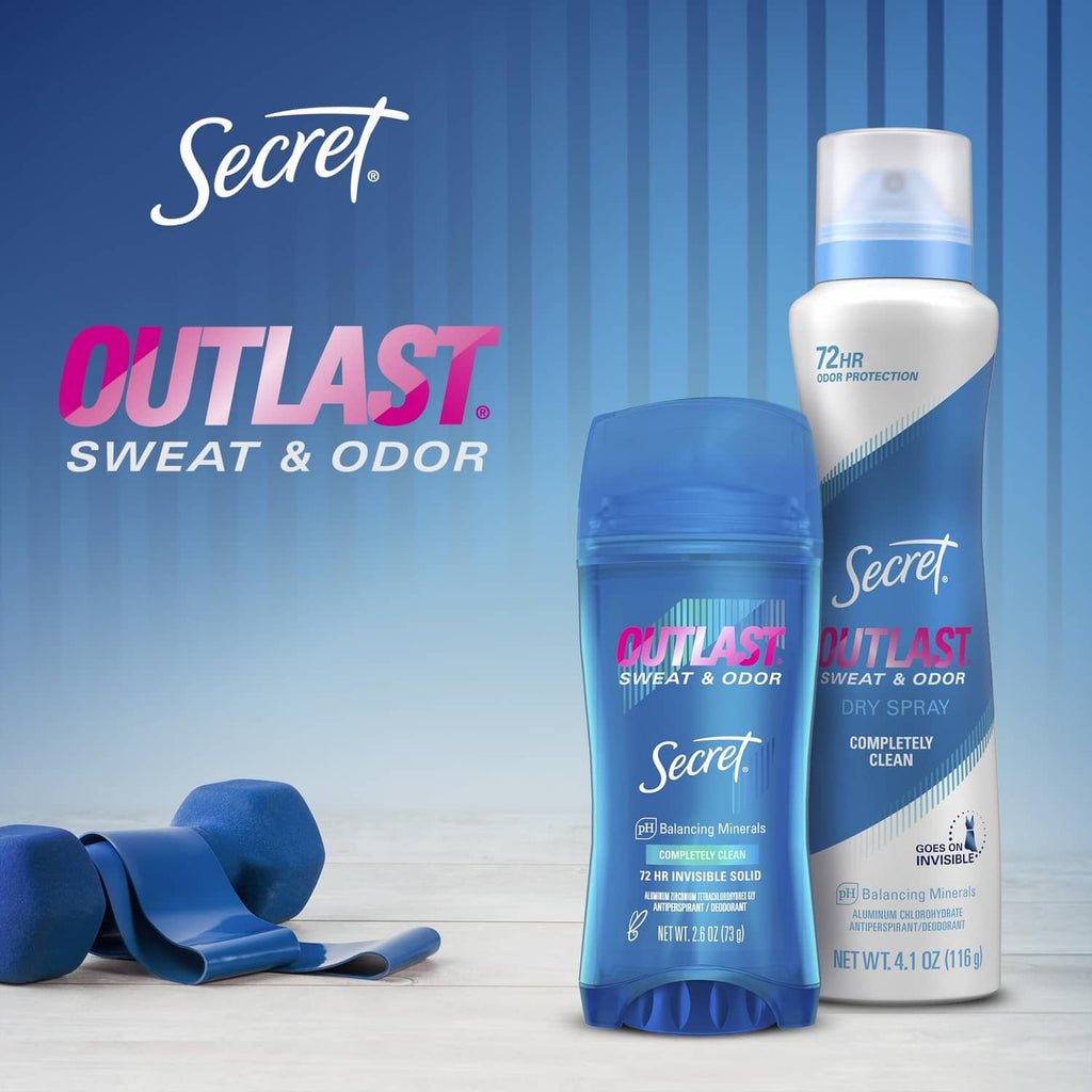 Secret Outlast antiperspirant deodorant bottles, blue clear gel and dry spray