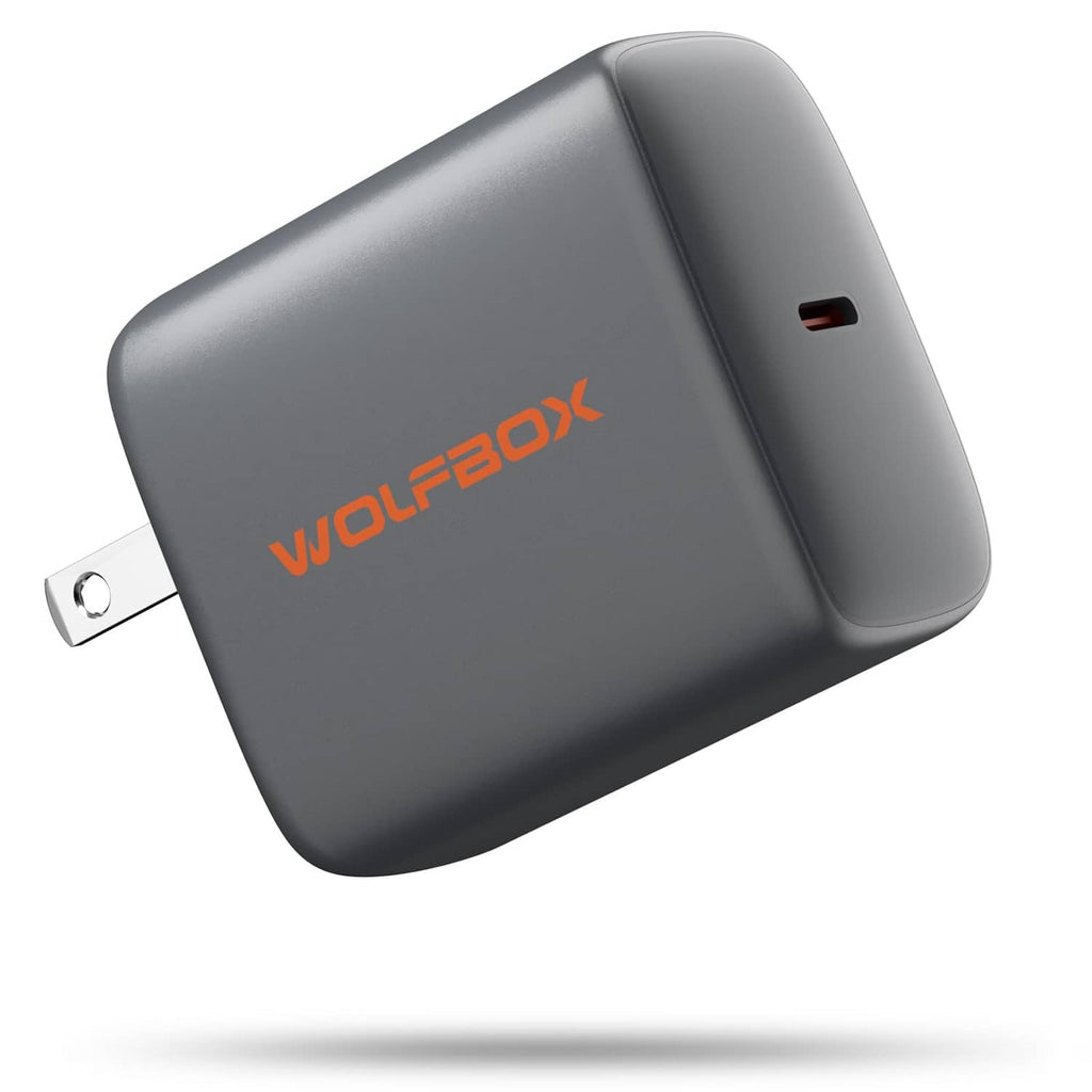 Wolfbox 65W PD USB-C charger with foldable plug, dark gray finish