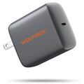 Wolfbox 65W PD USB-C charger with foldable plug, dark gray finish