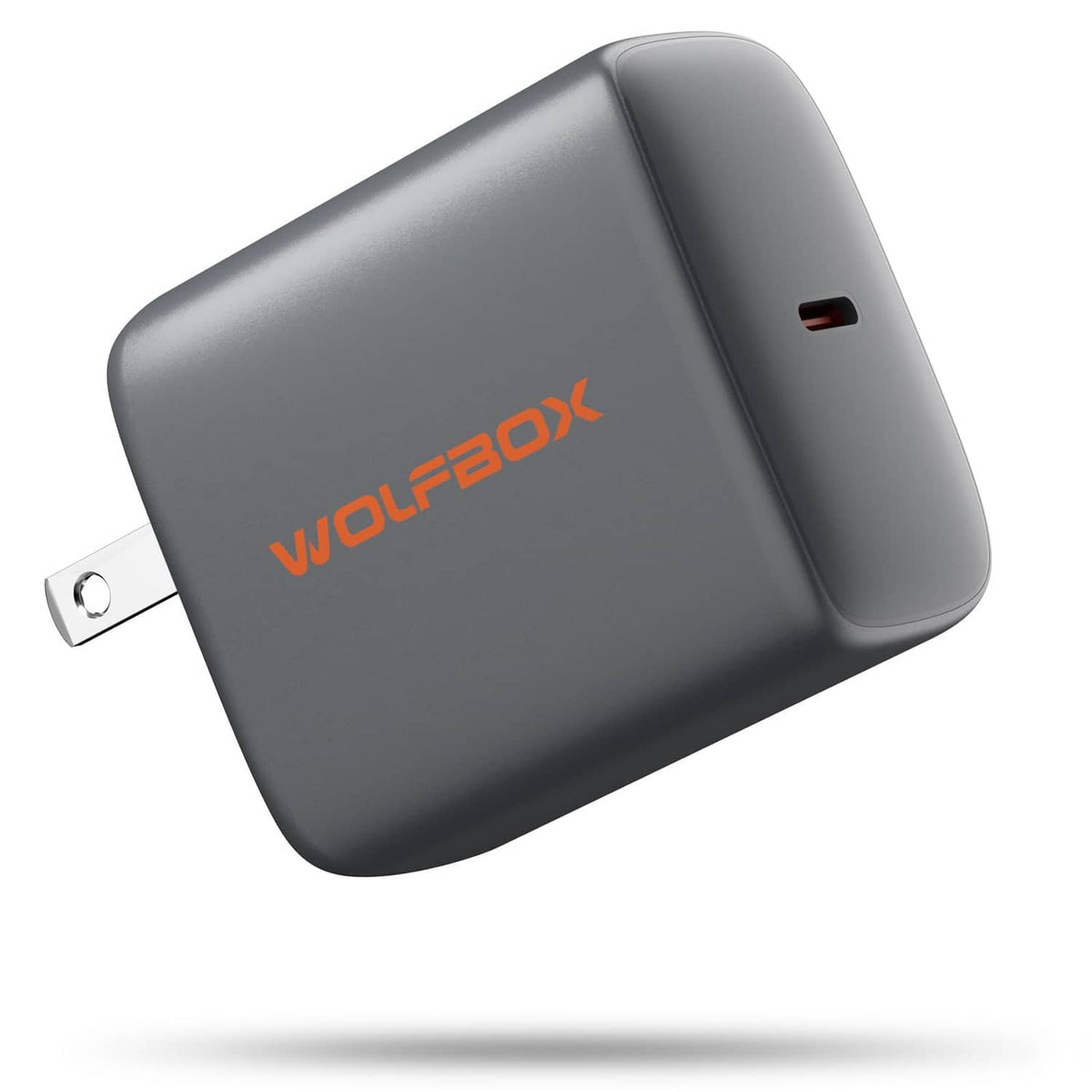 Wolfbox 65W PD USB-C charger with foldable plug, dark gray finish