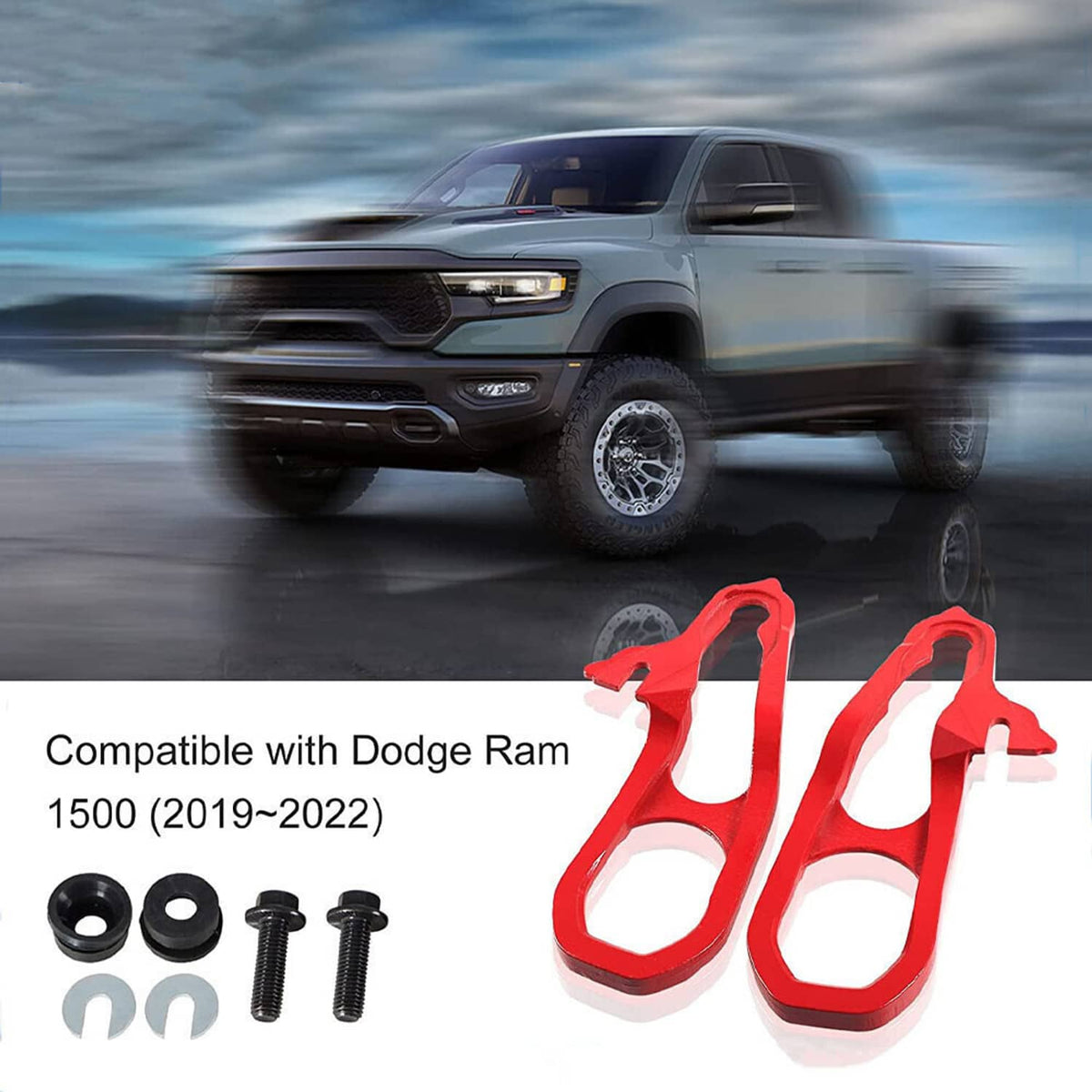 Pair of red front tow hooks with black mounting hardware