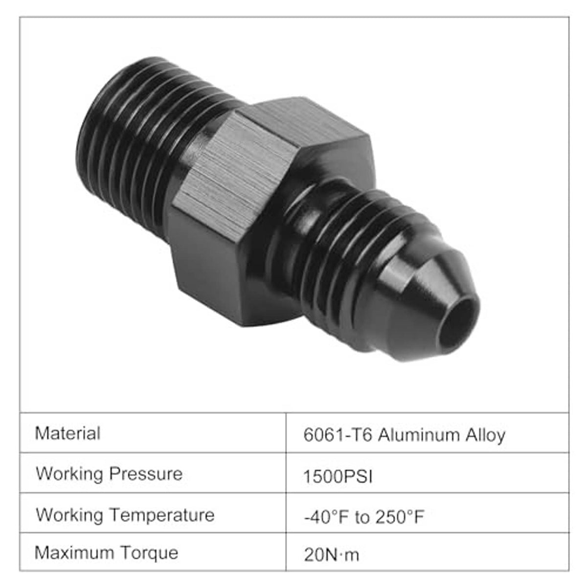 6061-T6 aluminum alloy black AN flare to 1/8 NPT straight adapter fitting, close-up