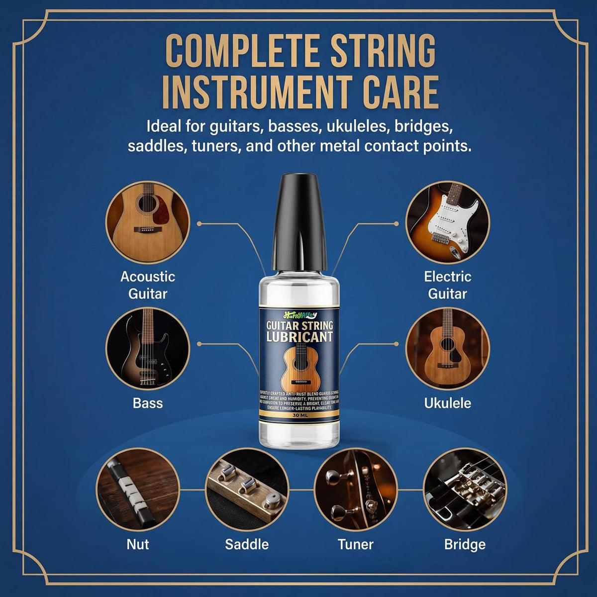 Guitar string maintenance kit bottle with application points for nut, saddle, tuner, bridge