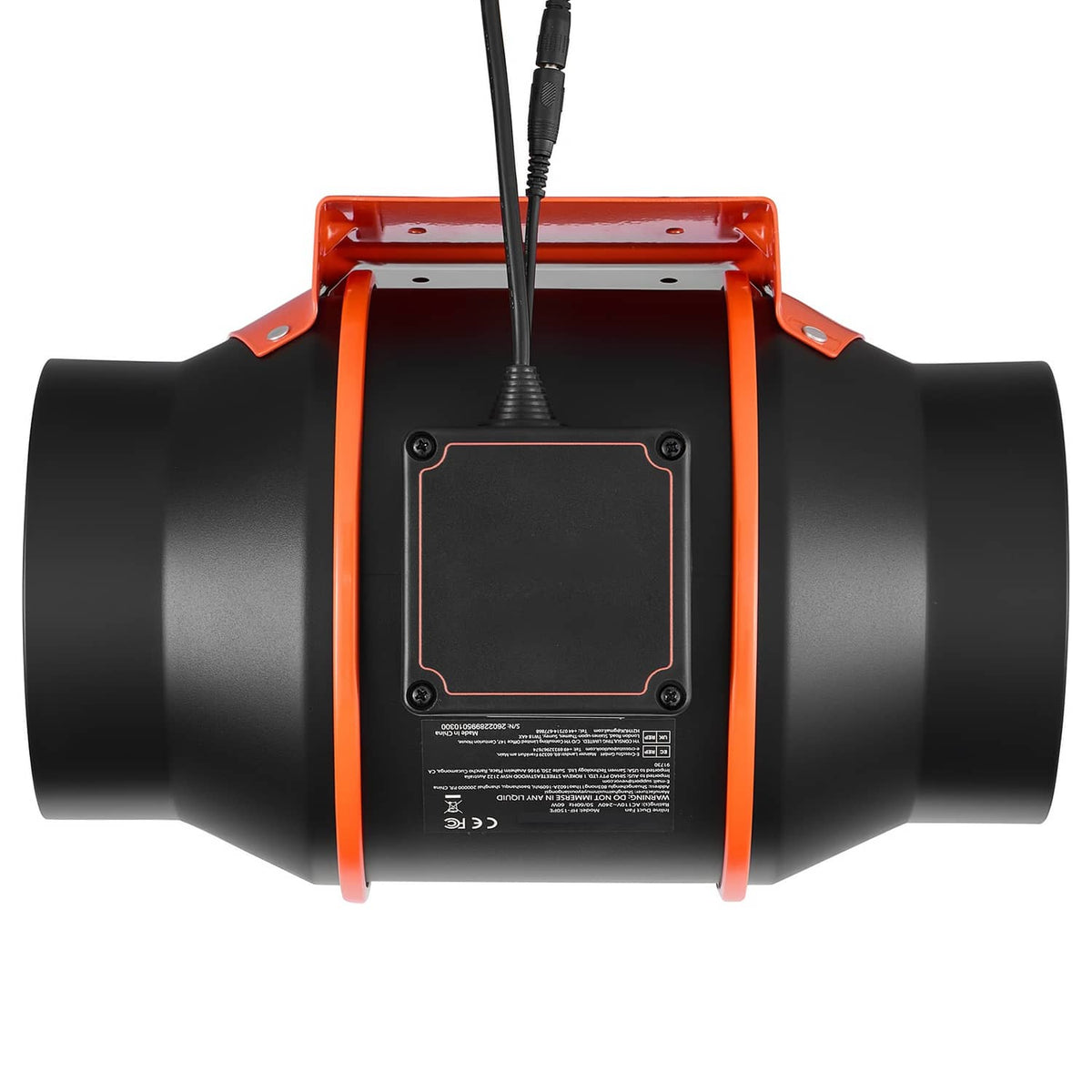 Inline ventilation fan front view with black duct housings and orange mounting bracket