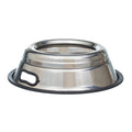 Stainless steel spill-proof dog bowl with non-slip base and carry handle cutouts