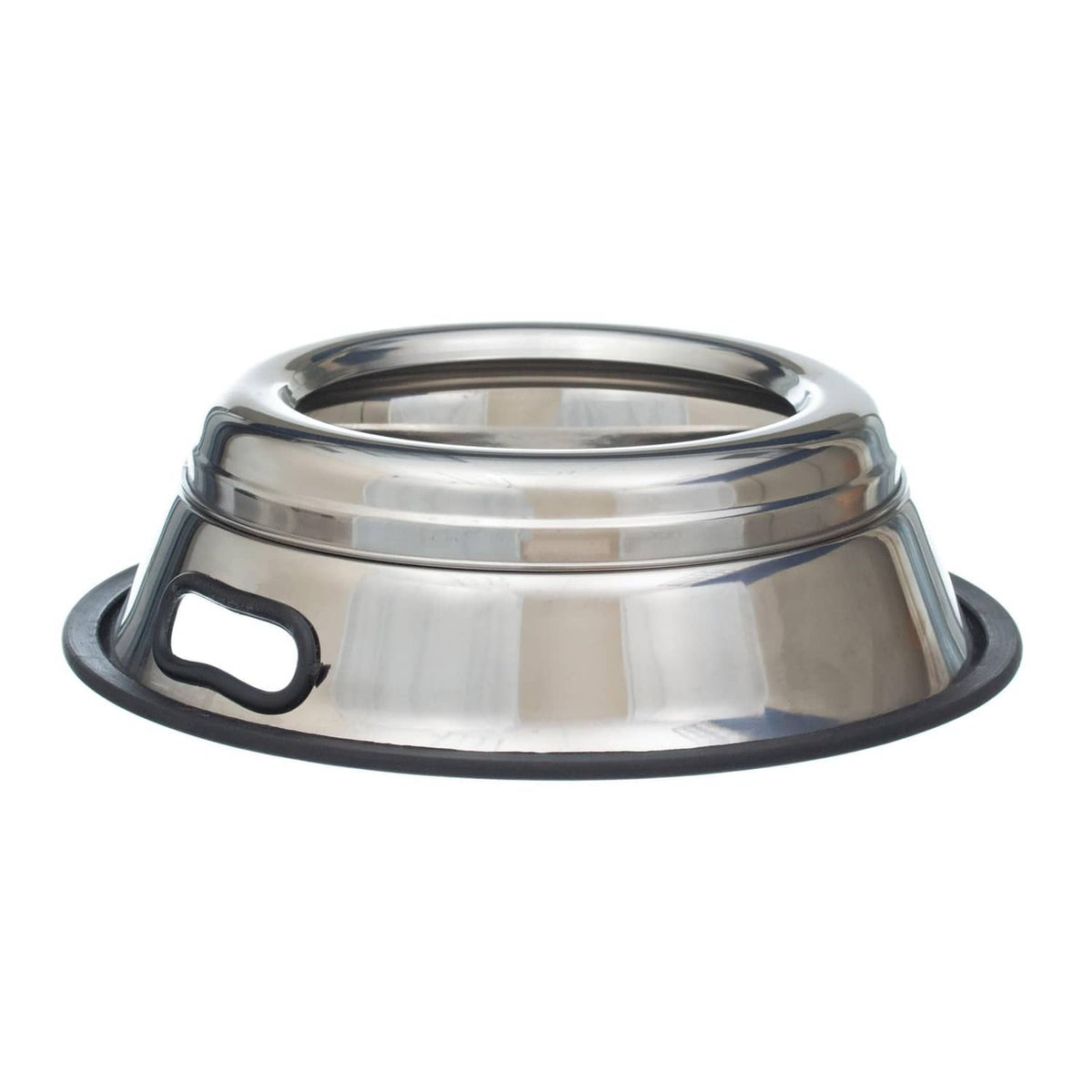 Stainless steel spill-proof dog bowl with non-slip base and carry handle cutouts