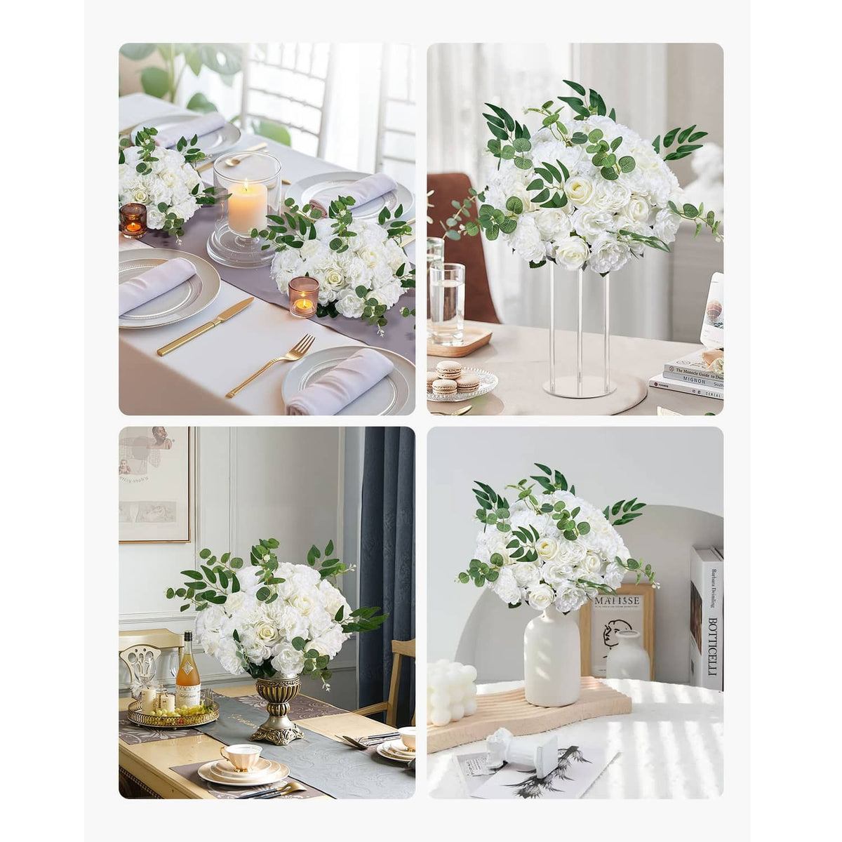 Artificial white flower ball centerpieces with green leaves shown in multiple table setups