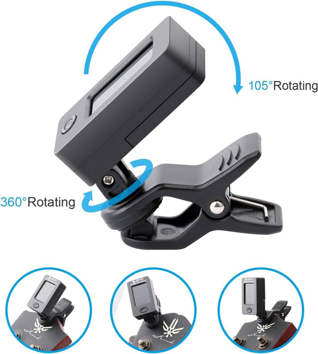 Rotating clip-on tuner capo with LCD display and adjustable clamp design