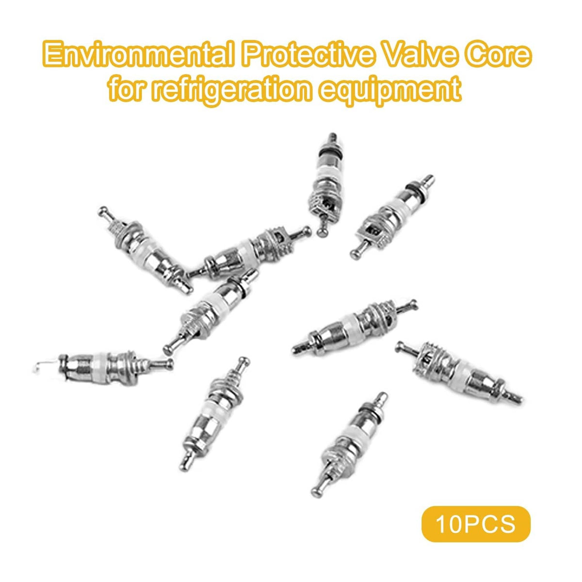 Set of metal valve cores for refrigeration systems, shown as 10 individual pieces