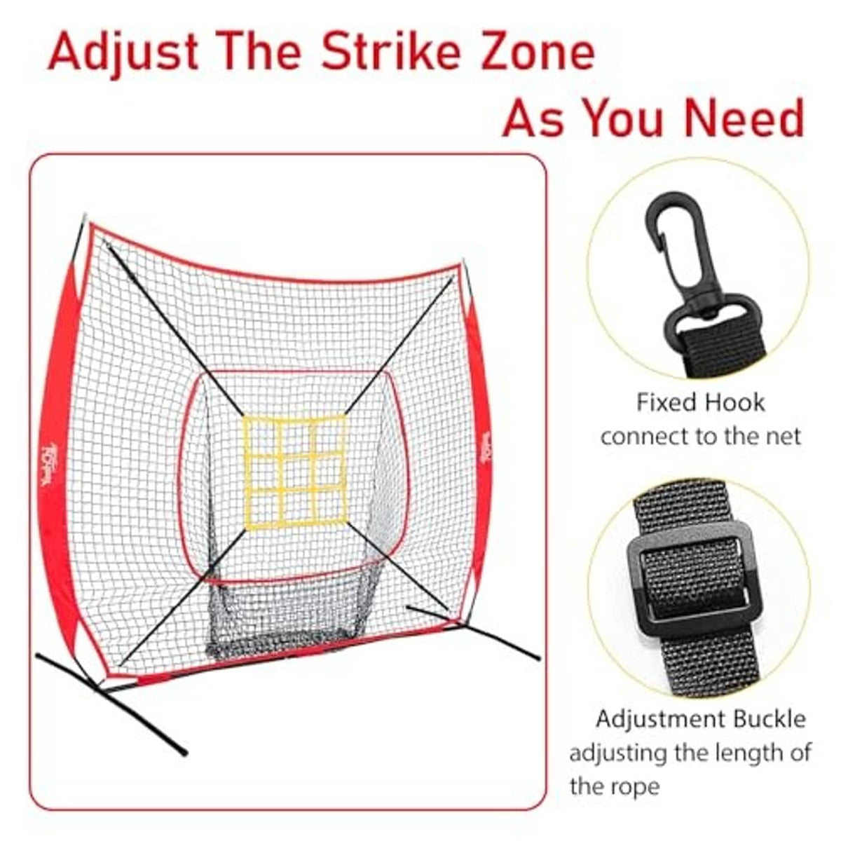 Adjustable strike-zone baseball training net with hook and length adjustment buckle