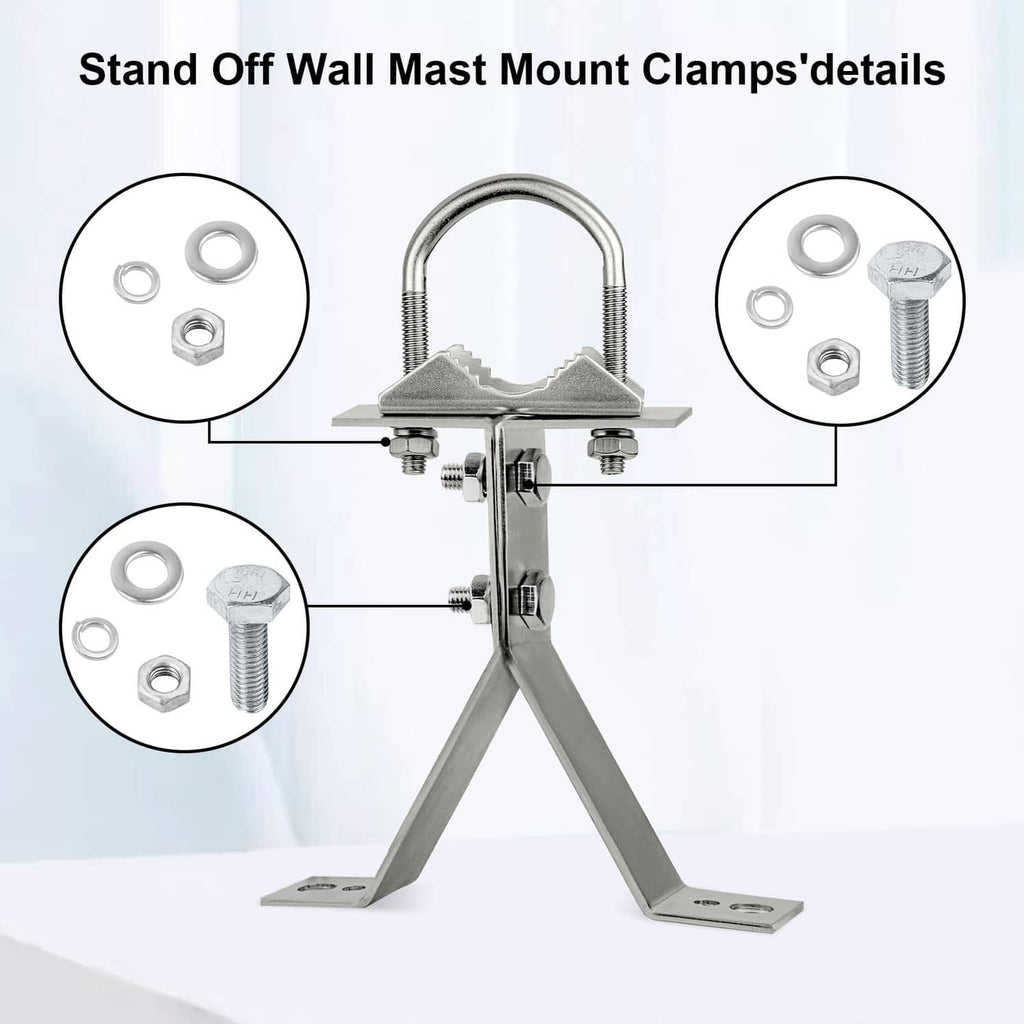Silvery RF antenna wall mast mount clamps with U-bolt, nuts, and washers details