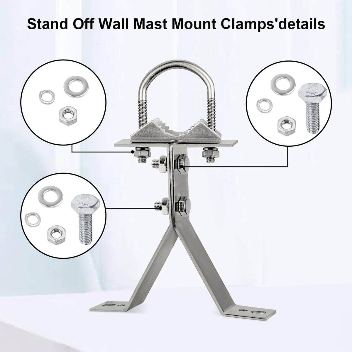 Silvery RF antenna wall mast mount clamps with U-bolt, nuts, and washers details