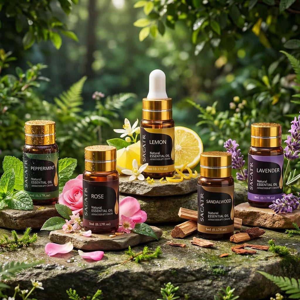 Assorted essential oil bottles with gold caps, lemon and lavender on rocks