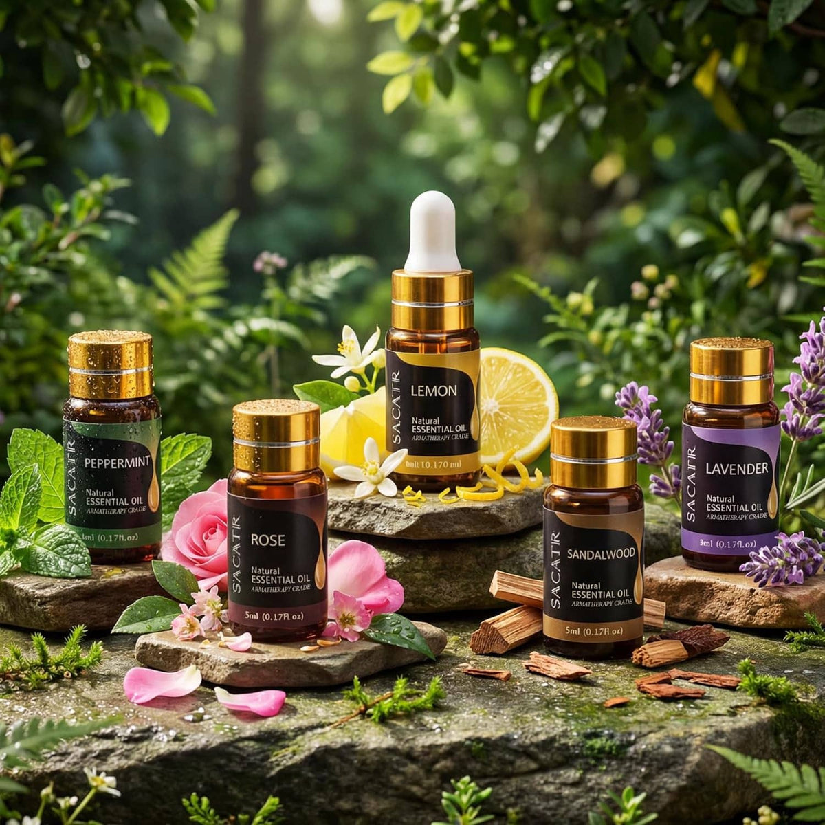 Assorted essential oil bottles with gold caps, lemon and lavender on rocks